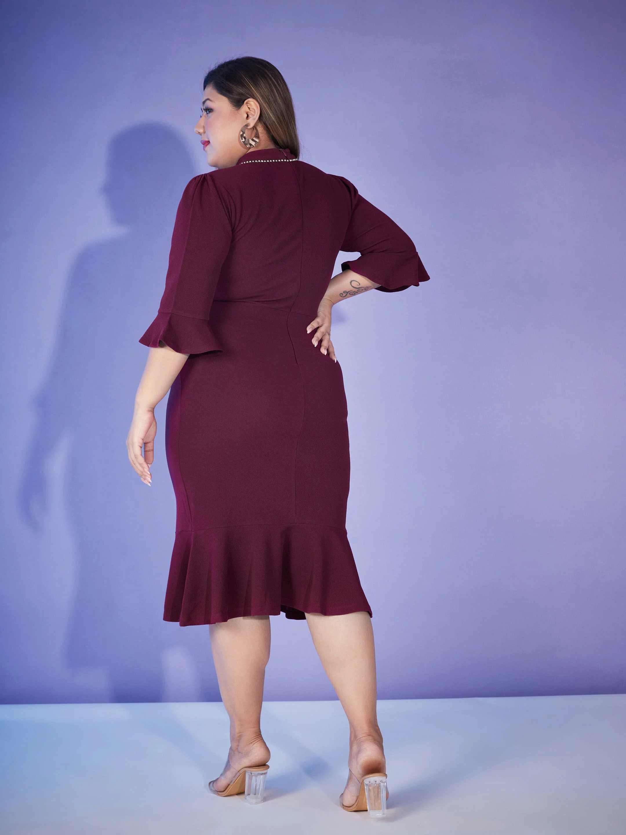 Women Burgundy Hem Frill Diamante Neck Bodycon Dress - Image 5