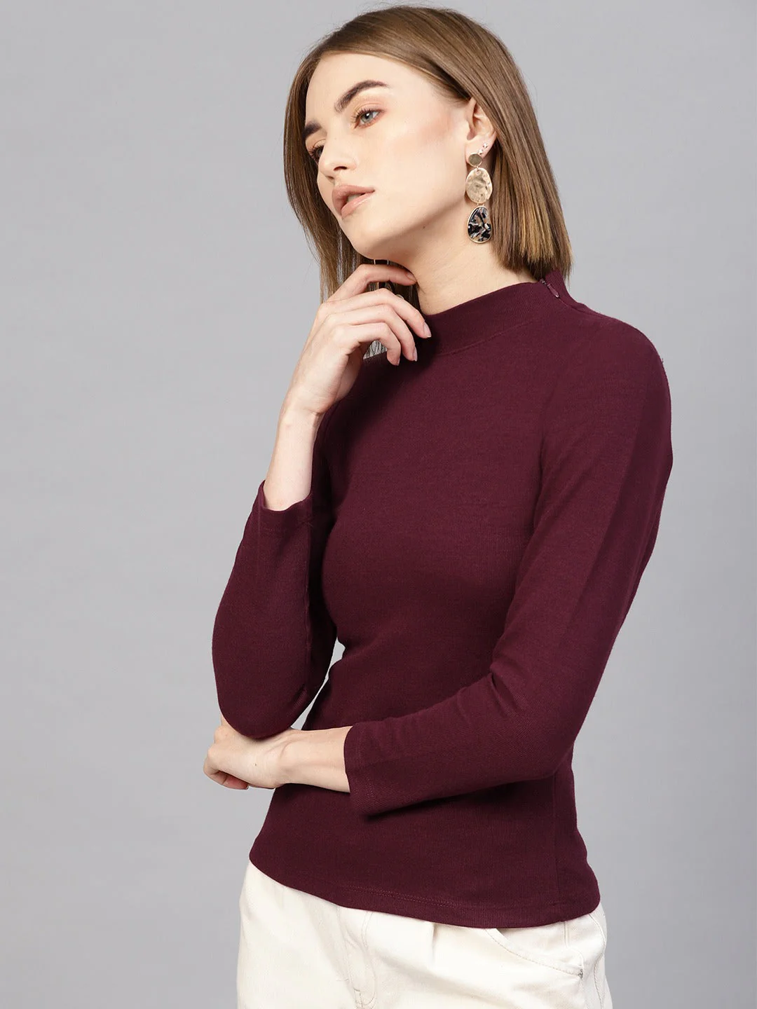 Women Burgundy High Neck Rib Top - Image 2