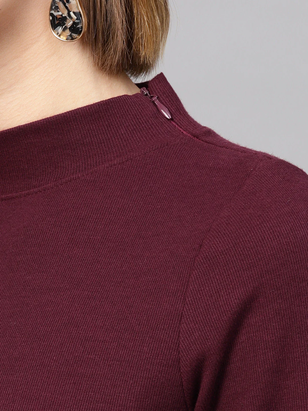 Women Burgundy High Neck Rib Top - Image 4