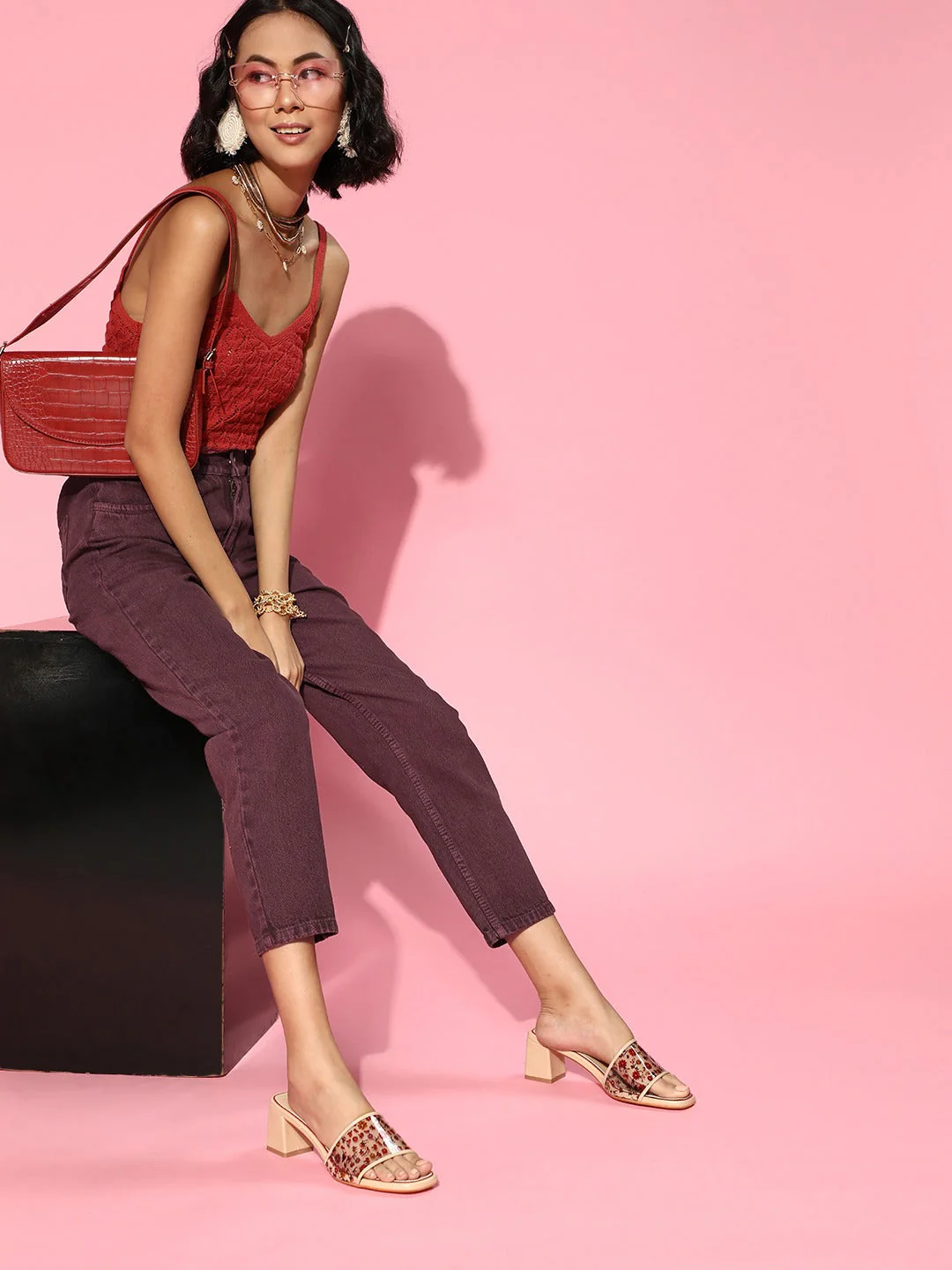 Women Burgundy High Waist Mom Fit Jeans - Image 2