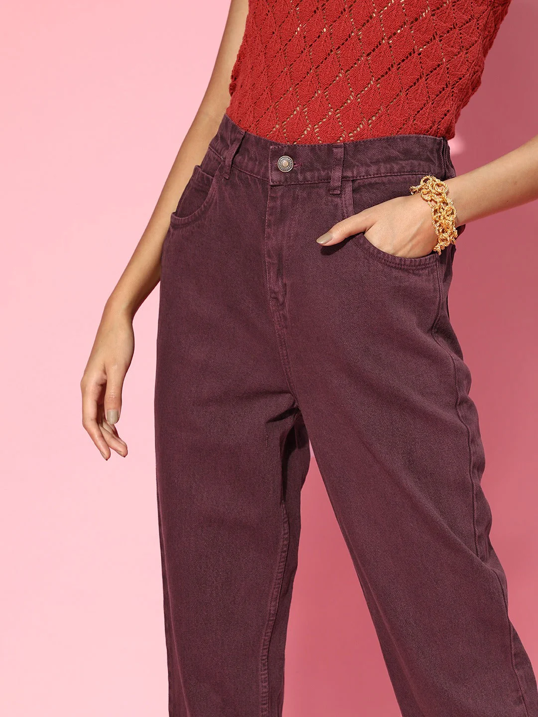 Women Burgundy High Waist Mom Fit Jeans - Image 3