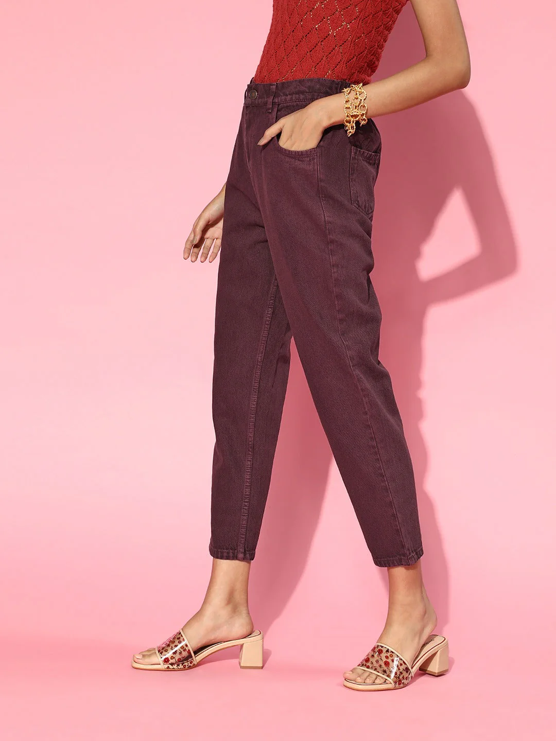 Women Burgundy High Waist Mom Fit Jeans - Image 4