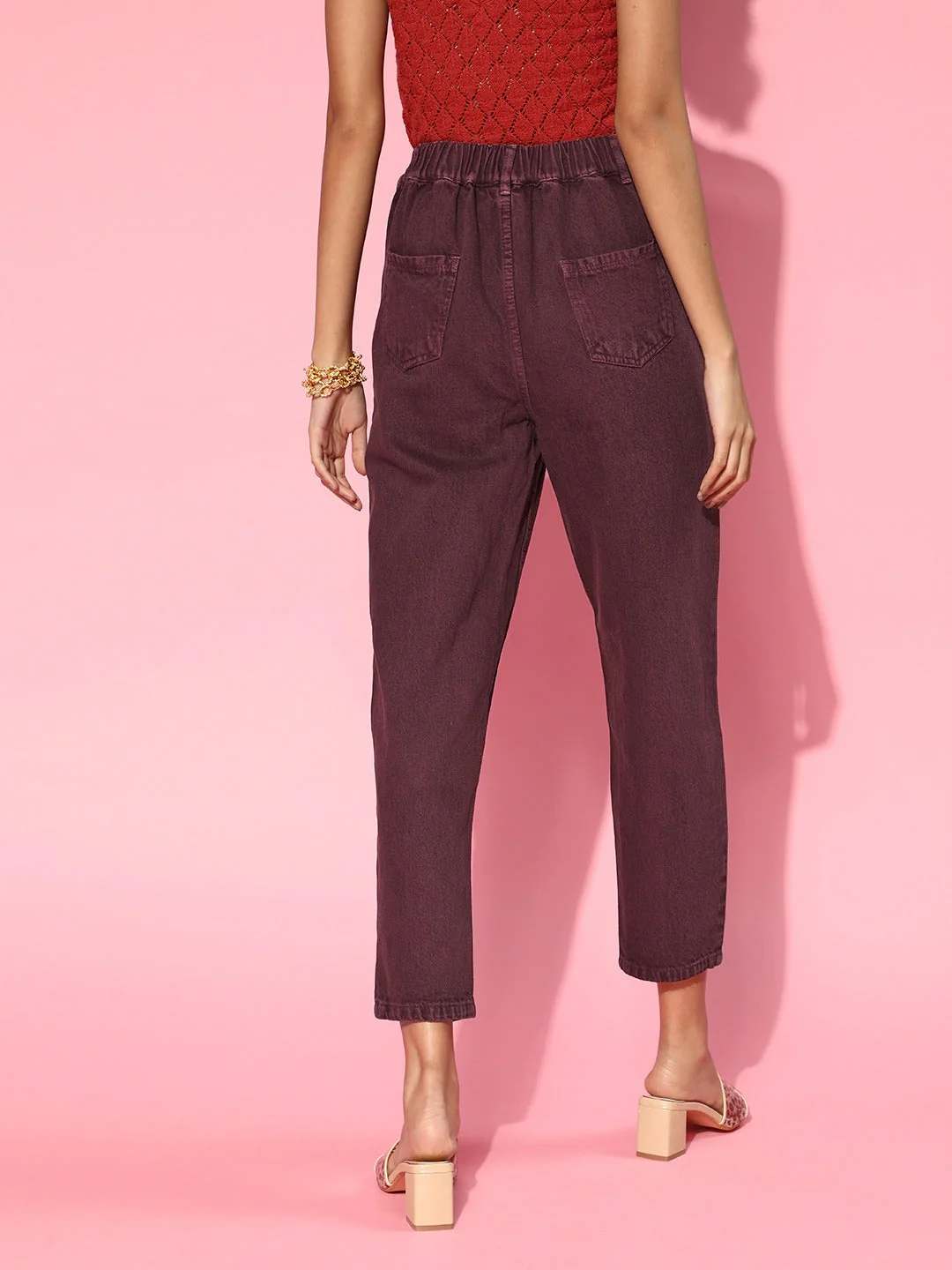 Women Burgundy High Waist Mom Fit Jeans - Image 5