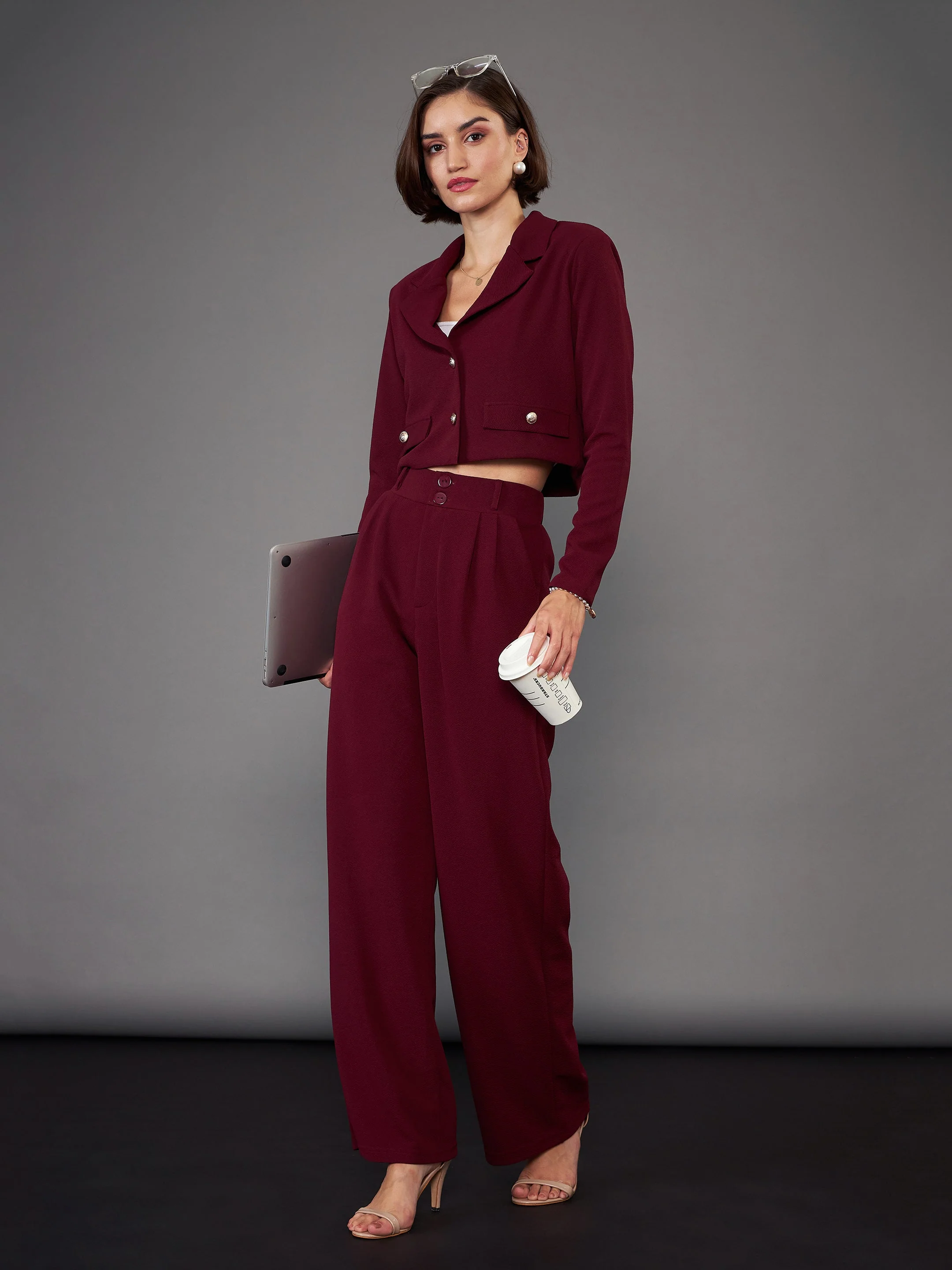 Women Burgundy Notch Collar Crop Blazer With Pleated Pants - Image 2