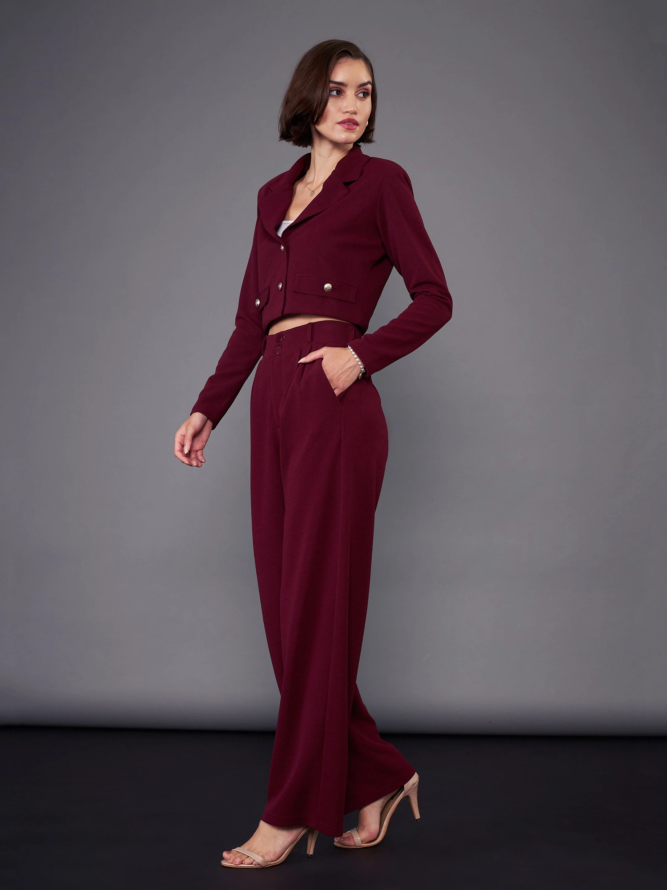 Women Burgundy Notch Collar Crop Blazer With Pleated Pants - Image 3