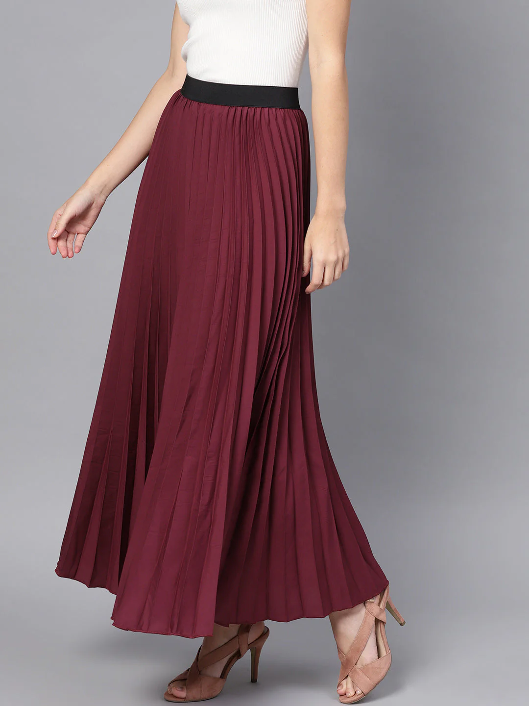Women Burgundy Pleated Maxi Skirt - Image 2
