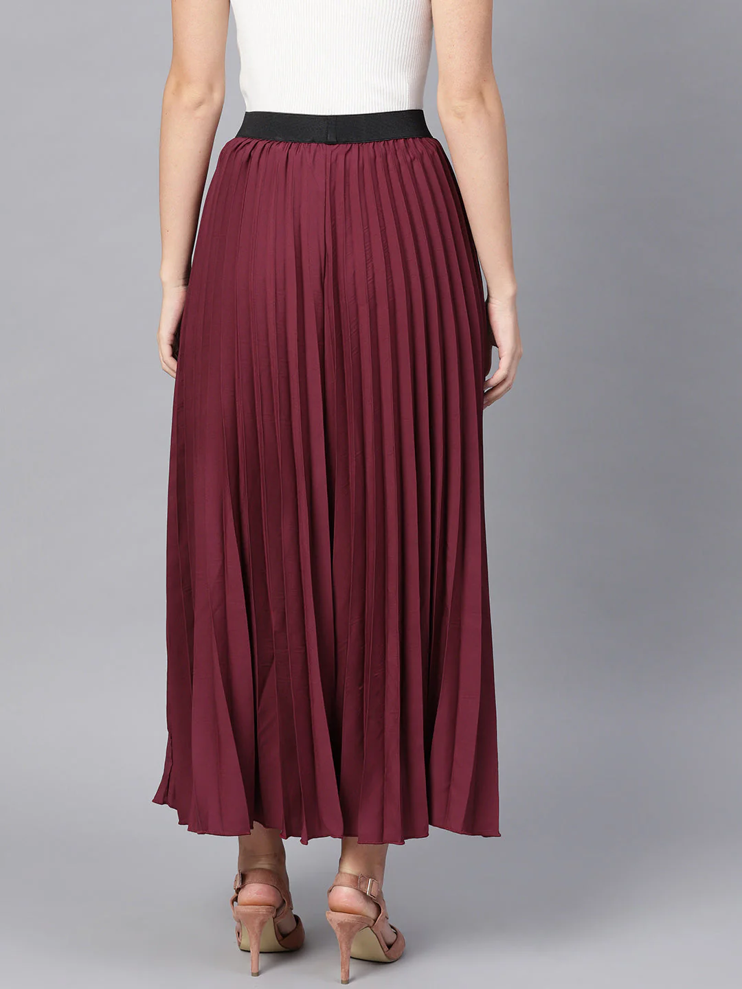 Women Burgundy Pleated Maxi Skirt - Image 3