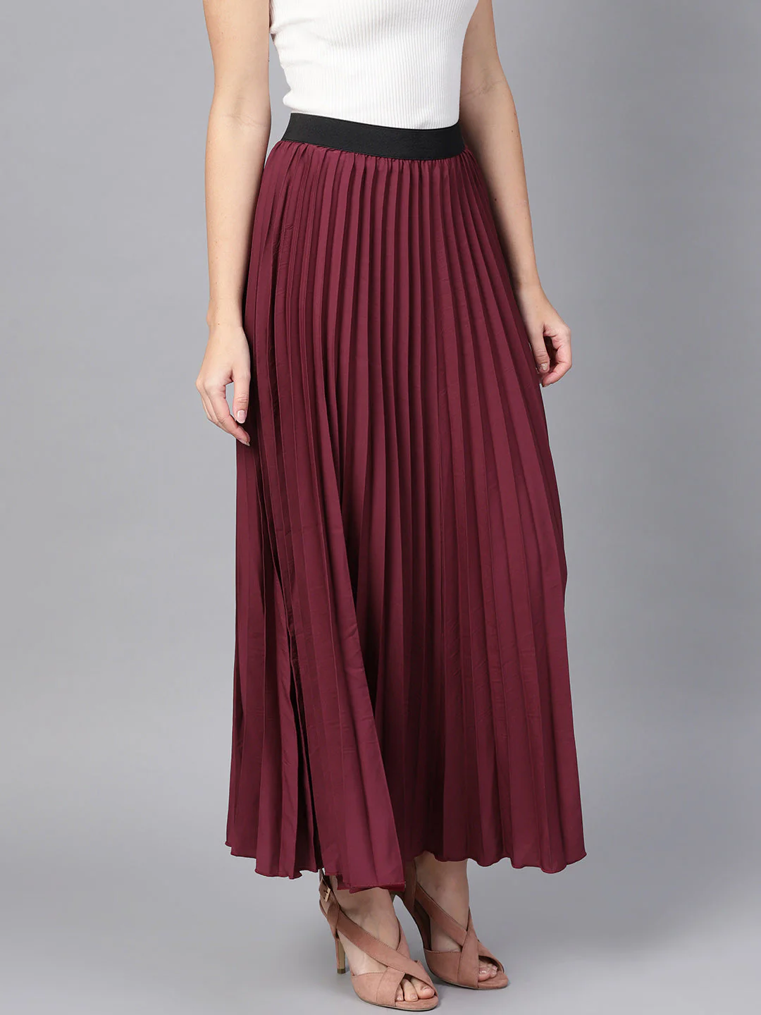 Women Burgundy Pleated Maxi Skirt - Image 4