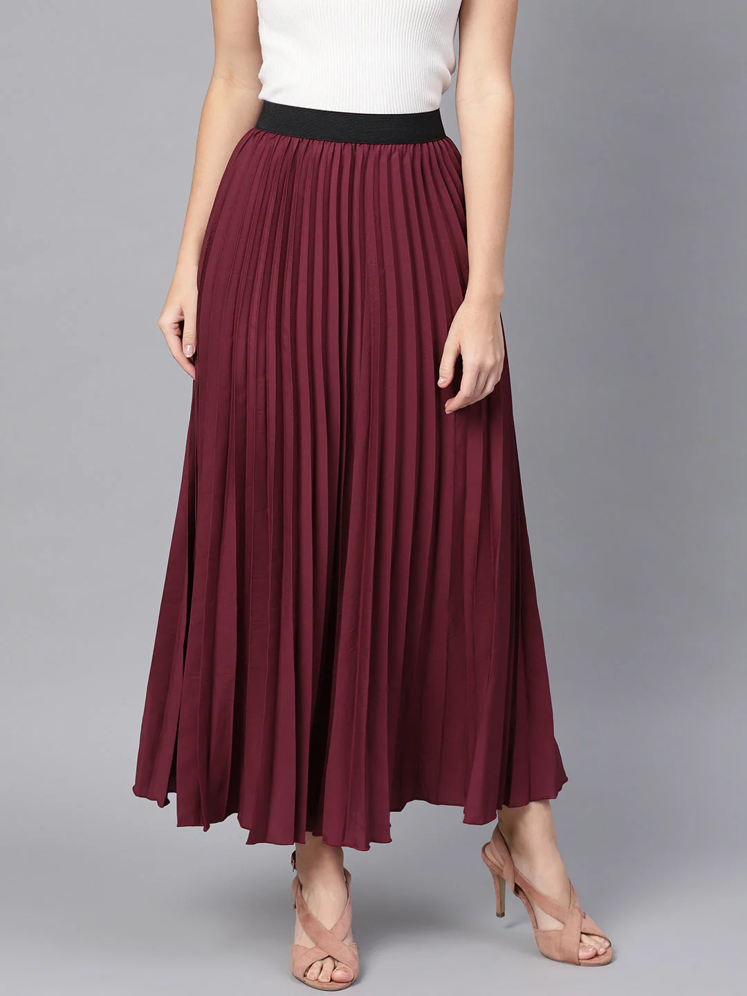 Women Burgundy Pleated Maxi Skirt - Image 6