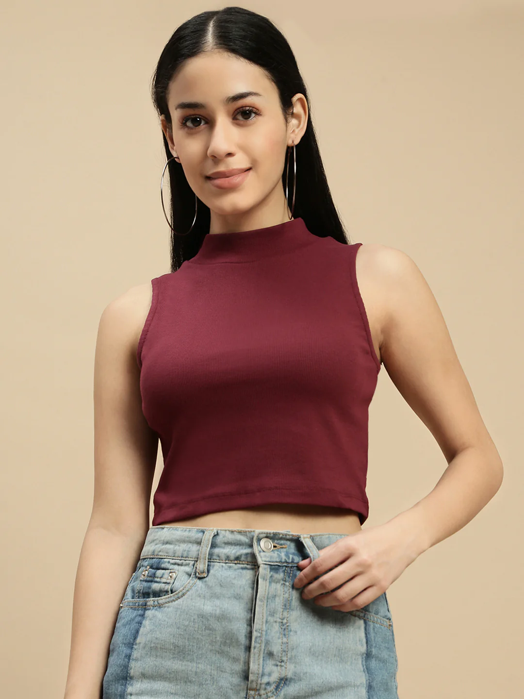 Women Burgundy Sleeveless Crop Top - Image 2