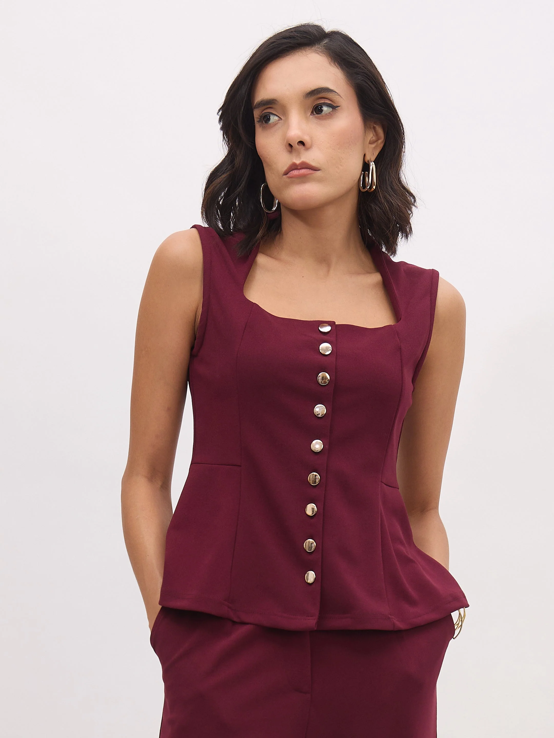 Women Burgundy Sleeveless Front Button Top - Image 3
