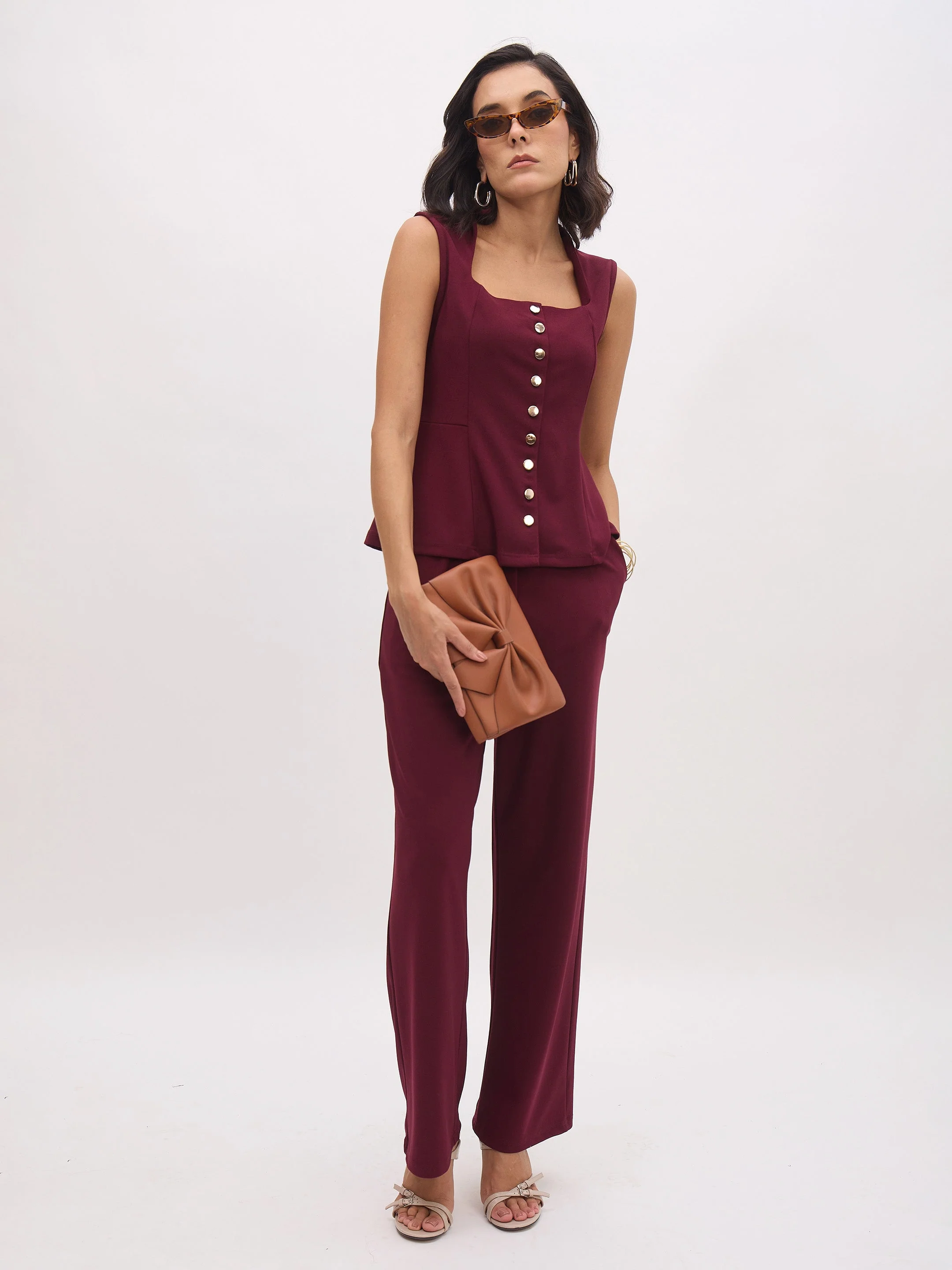 Women Burgundy Sleeveless Front Button Top - Image 5