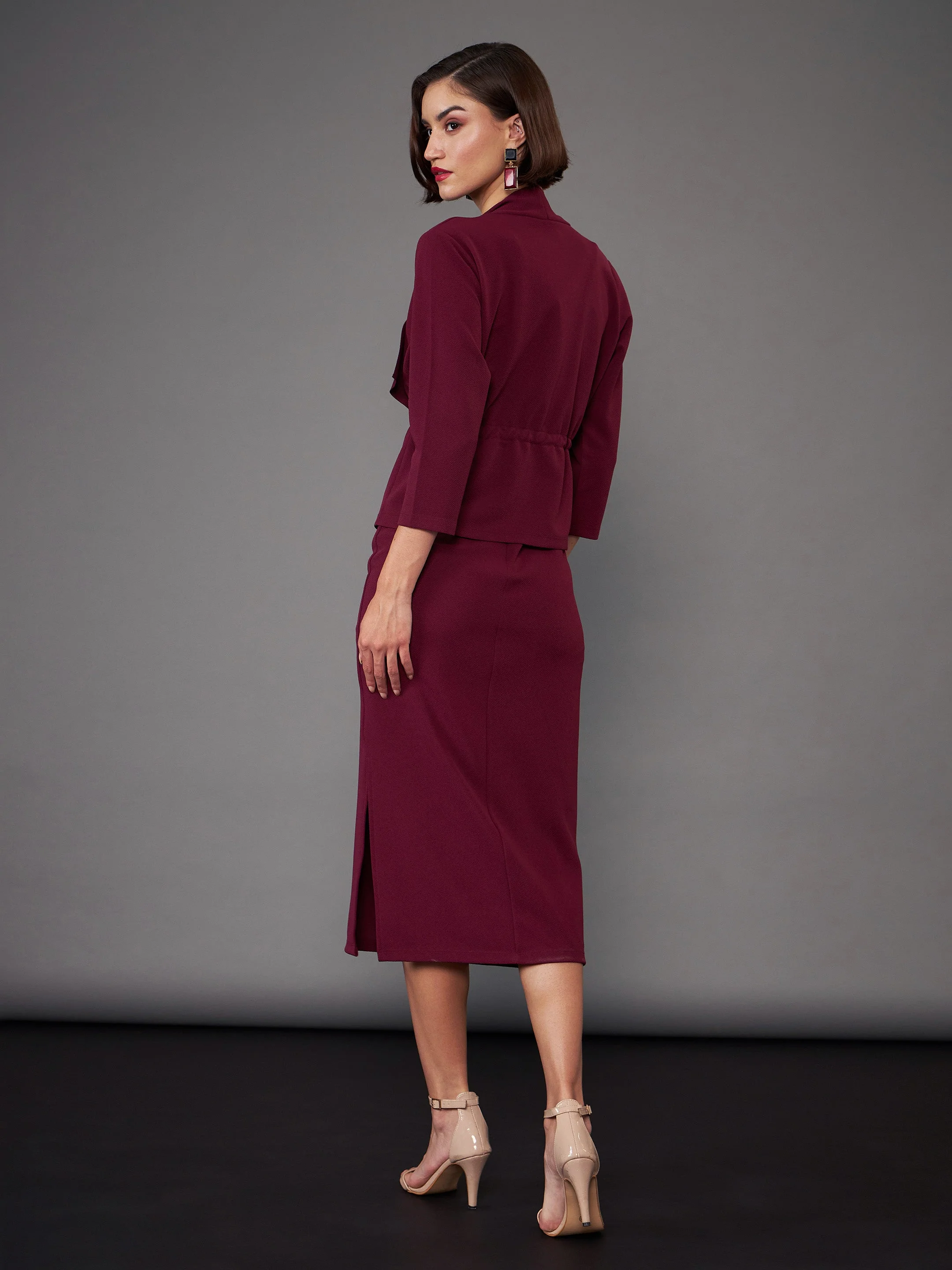 Women Burgundy Strappy Bodycon Dress With Crop Shrug - Image 2