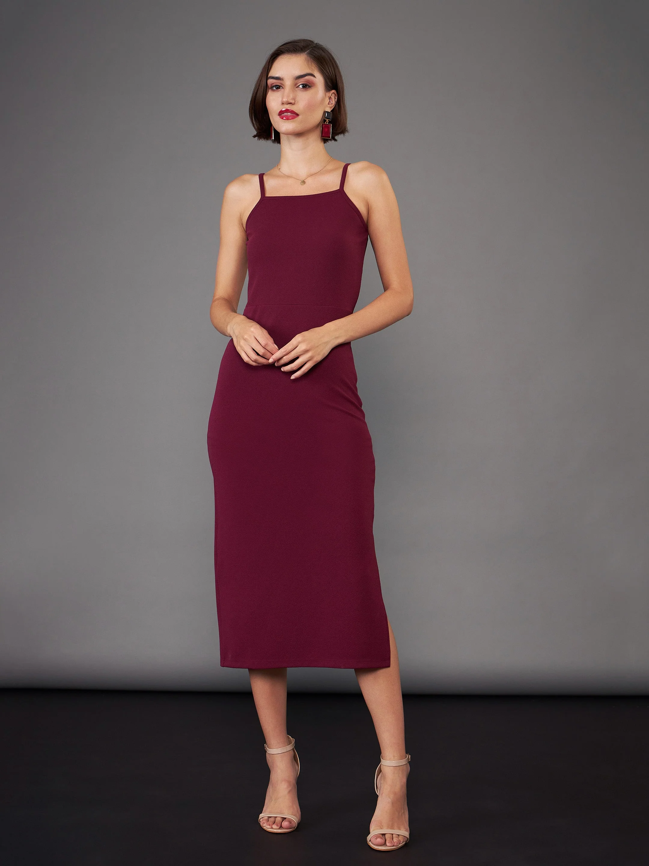 Women Burgundy Strappy Bodycon Dress With Crop Shrug - Image 5
