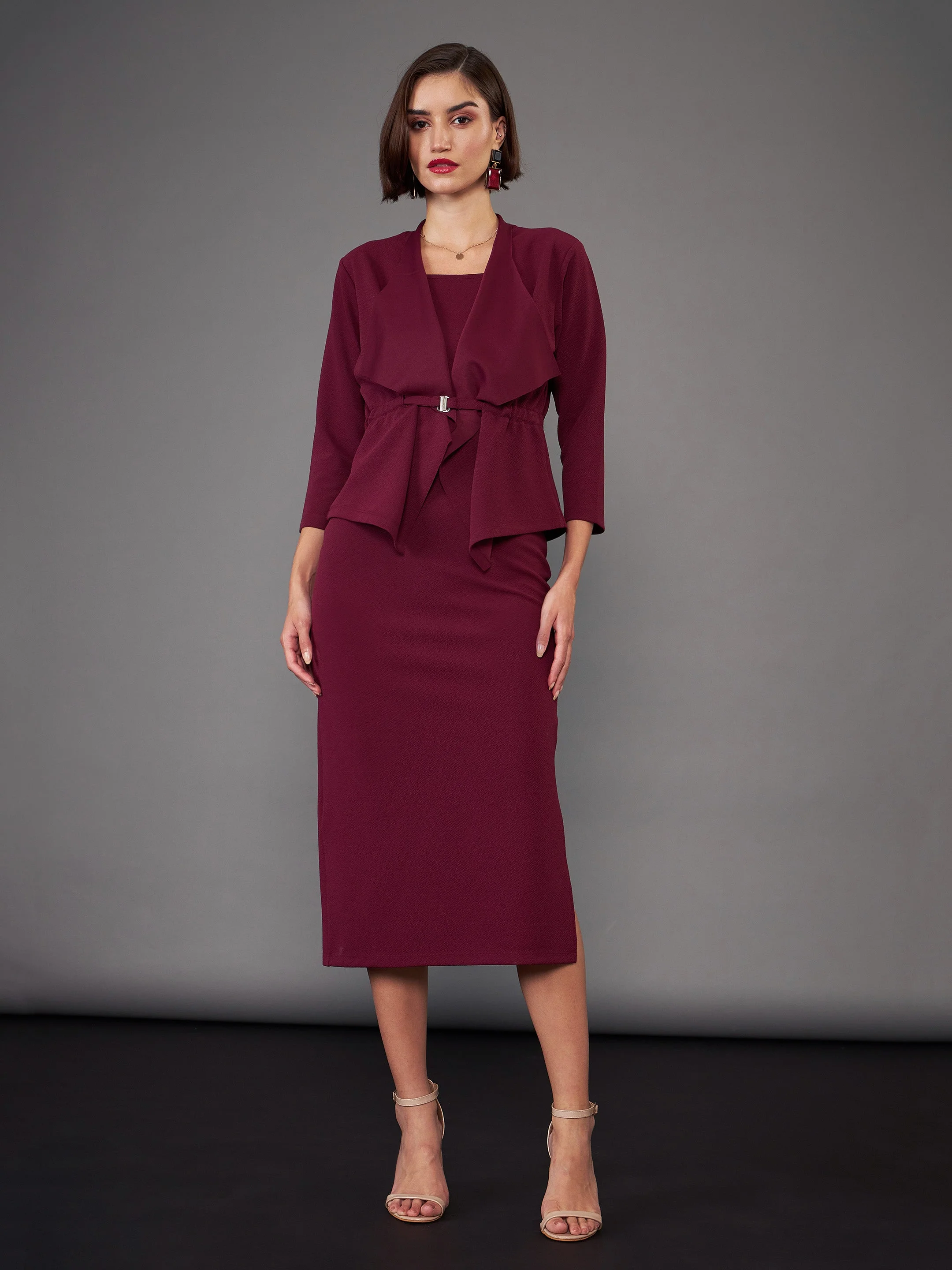 Women Burgundy Strappy Bodycon Dress With Crop Shrug - Image 6