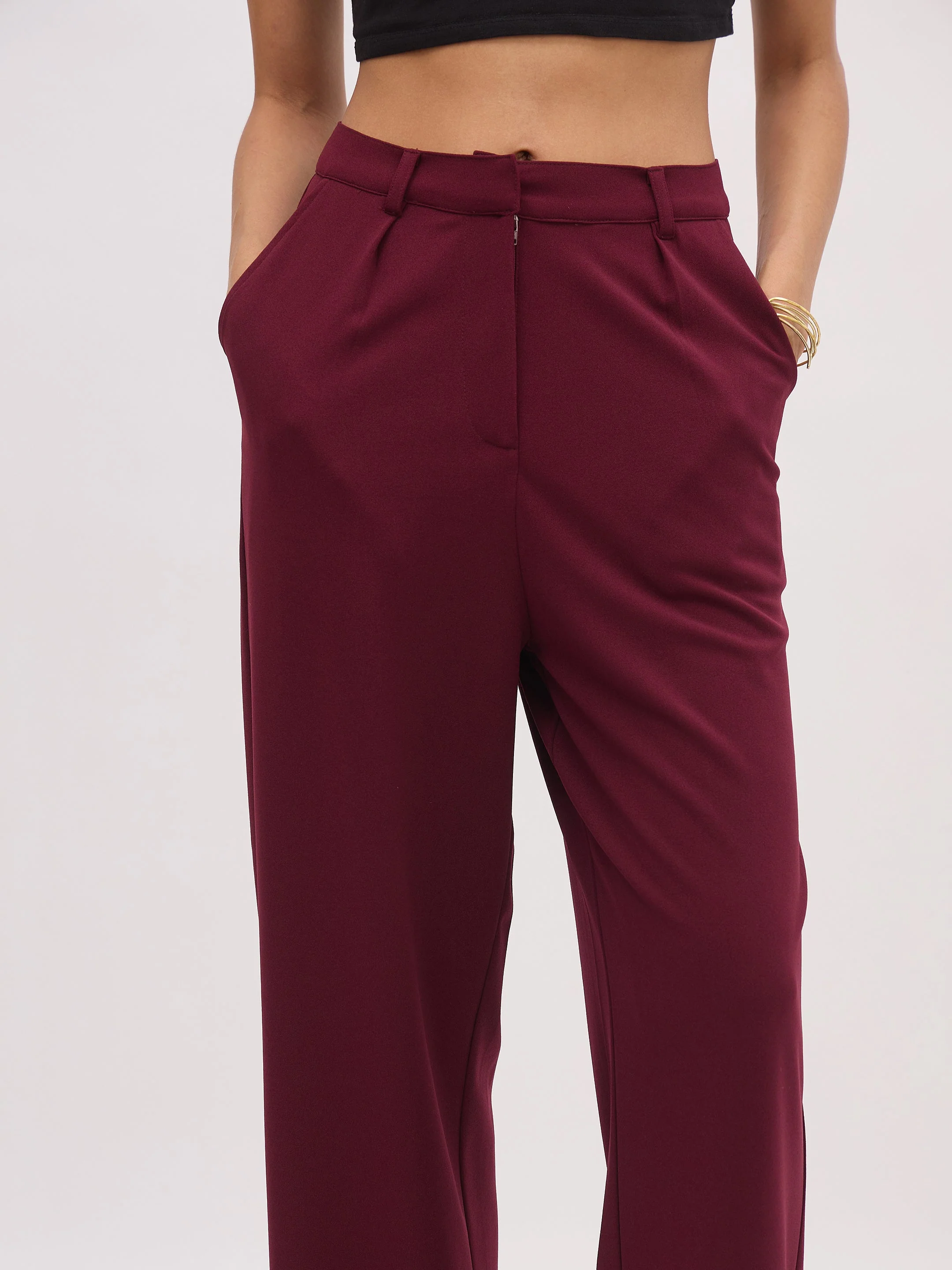 Women Burgundy Top With Cross Pocket Pants - Image 3