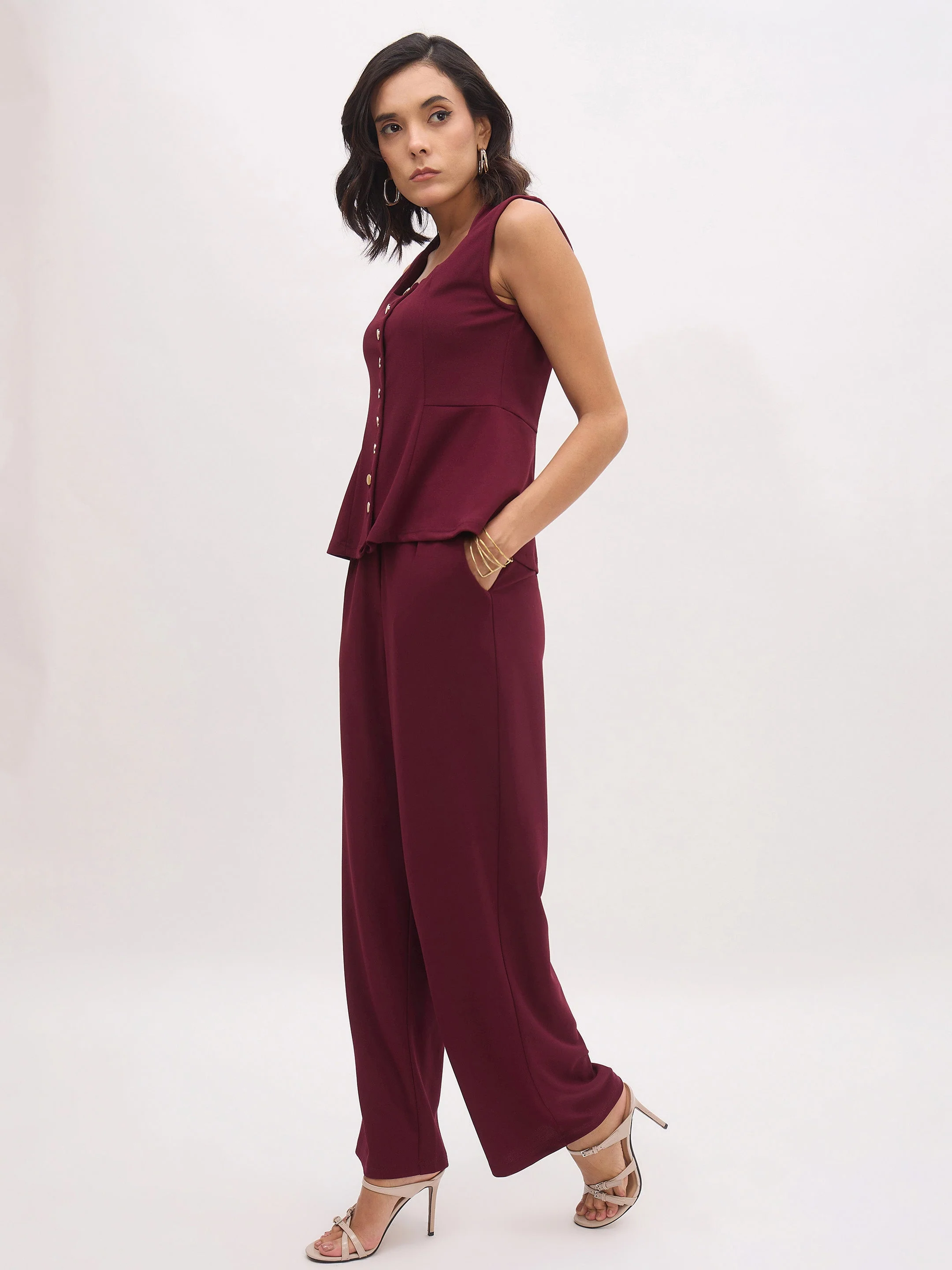 Women Burgundy Top With Cross Pocket Pants - Image 4