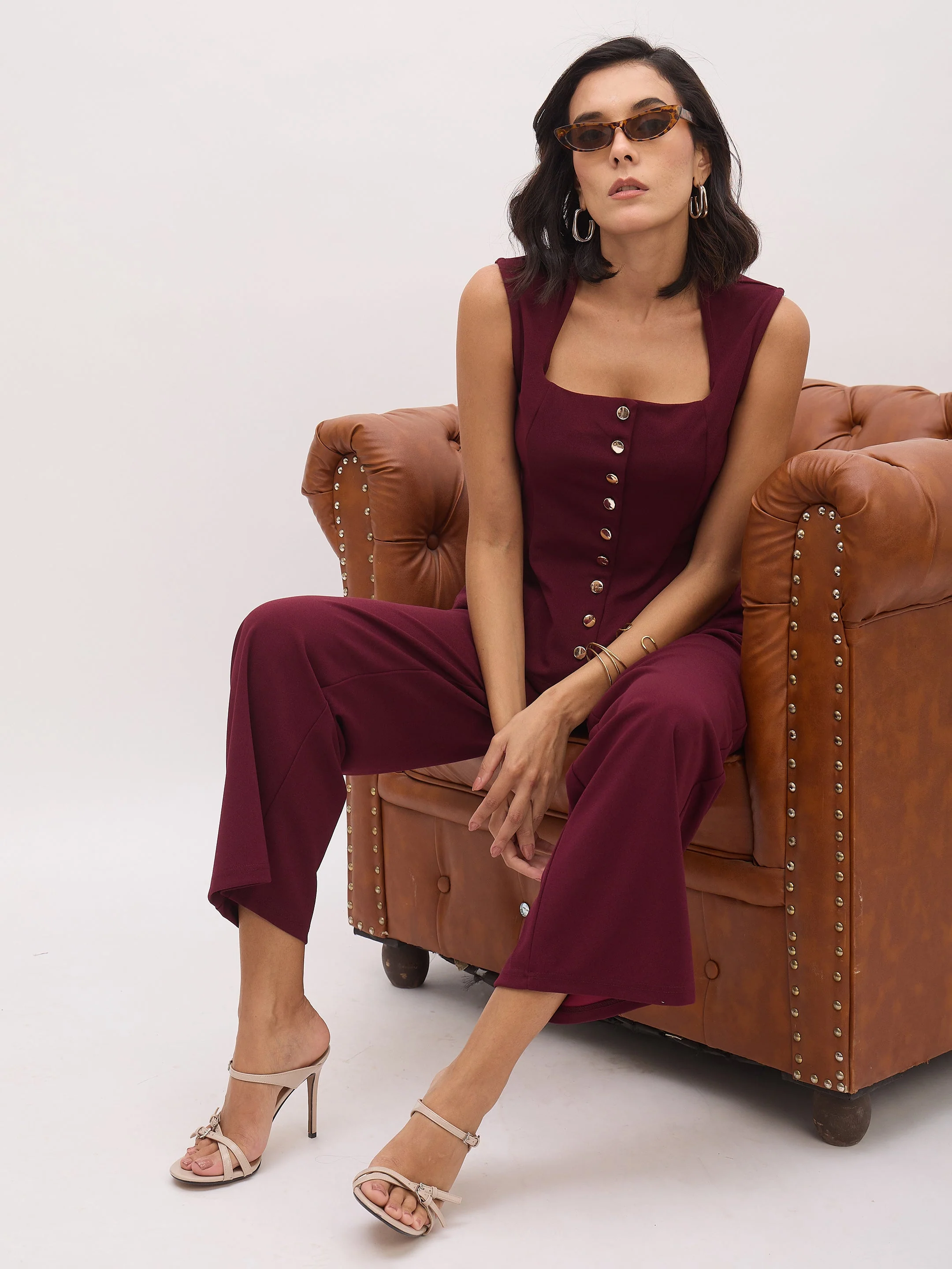 Women Burgundy Top With Cross Pocket Pants - Image 5