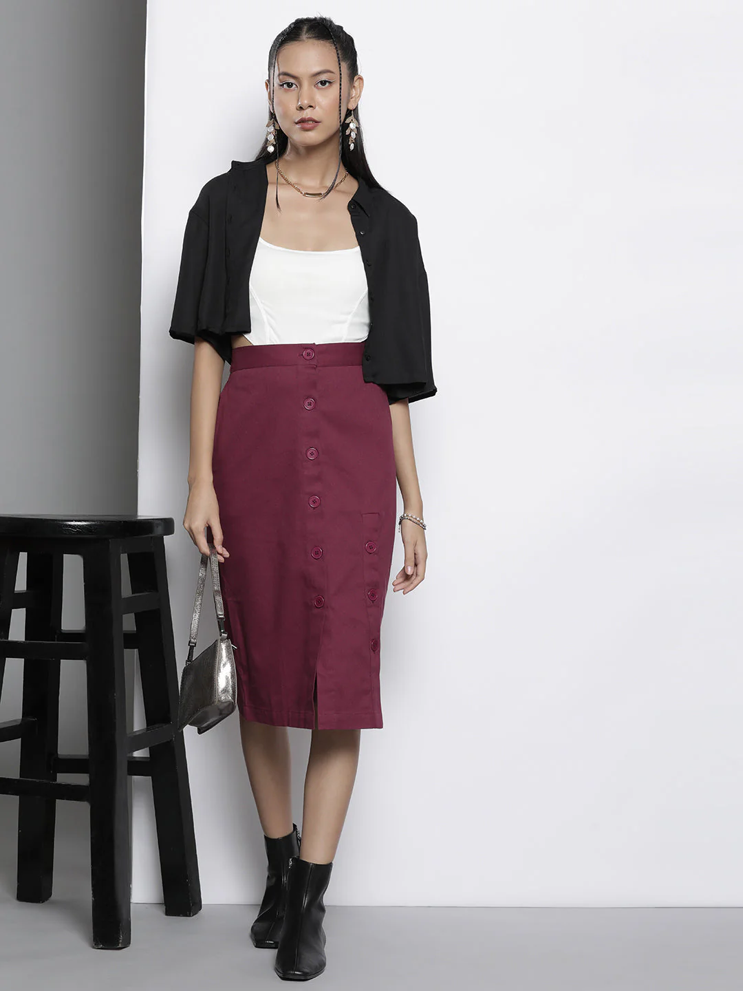 Women Burgundy Twill Front Button Pencil Skirt - Image 2