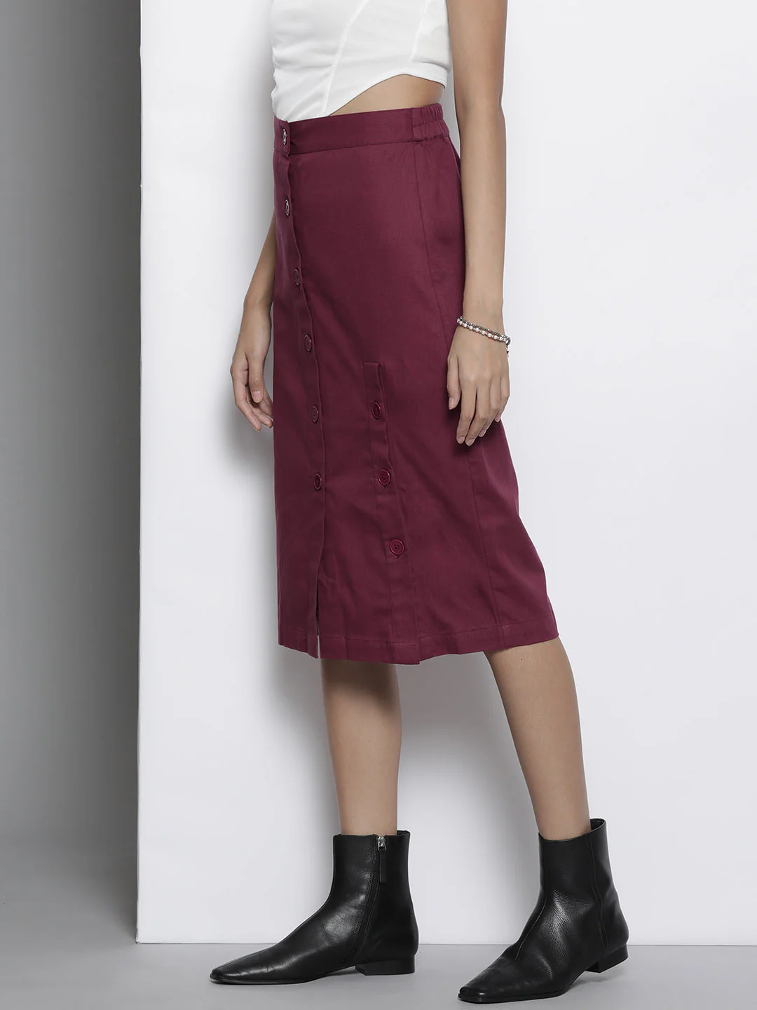 Women Burgundy Twill Front Button Pencil Skirt - Image 3