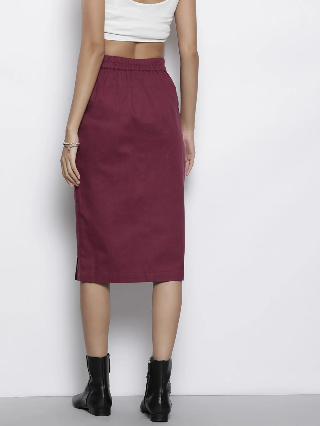 Women Burgundy Twill Front Button Pencil Skirt - Image 4