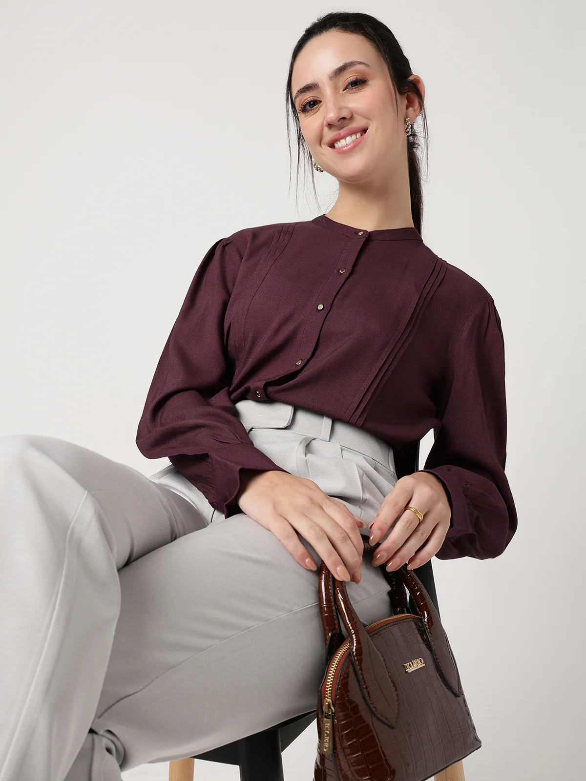 Women Burgundy Viscose Rayon Shirt - Image 5