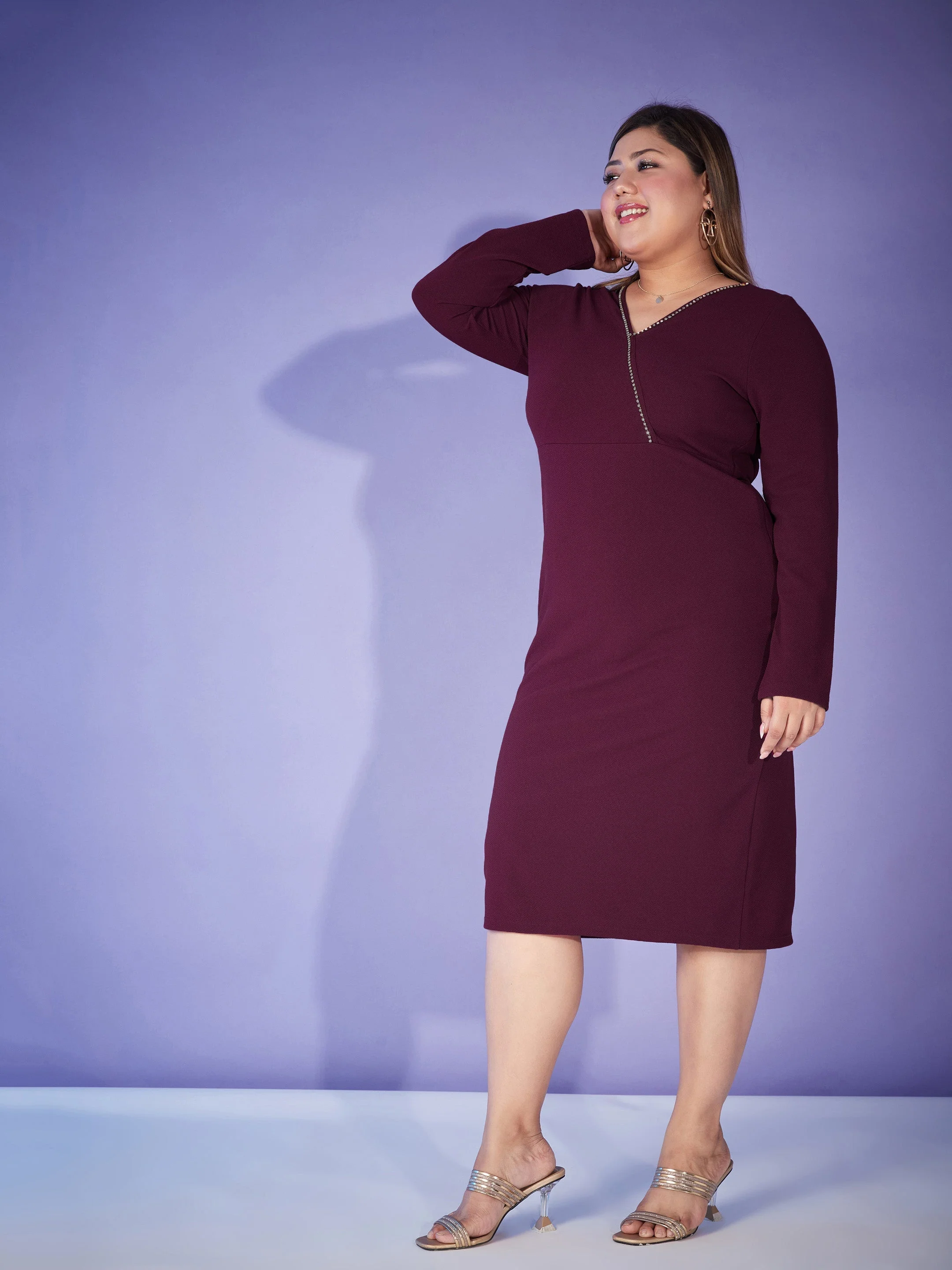 Women Burgundy Wrap Chain Detail Bodycon Dress - Image 3