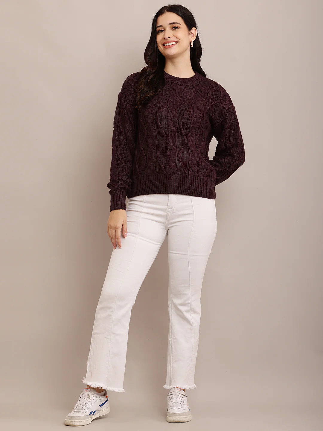 Women Cable Knit Dark Purple Sweater - Image 3