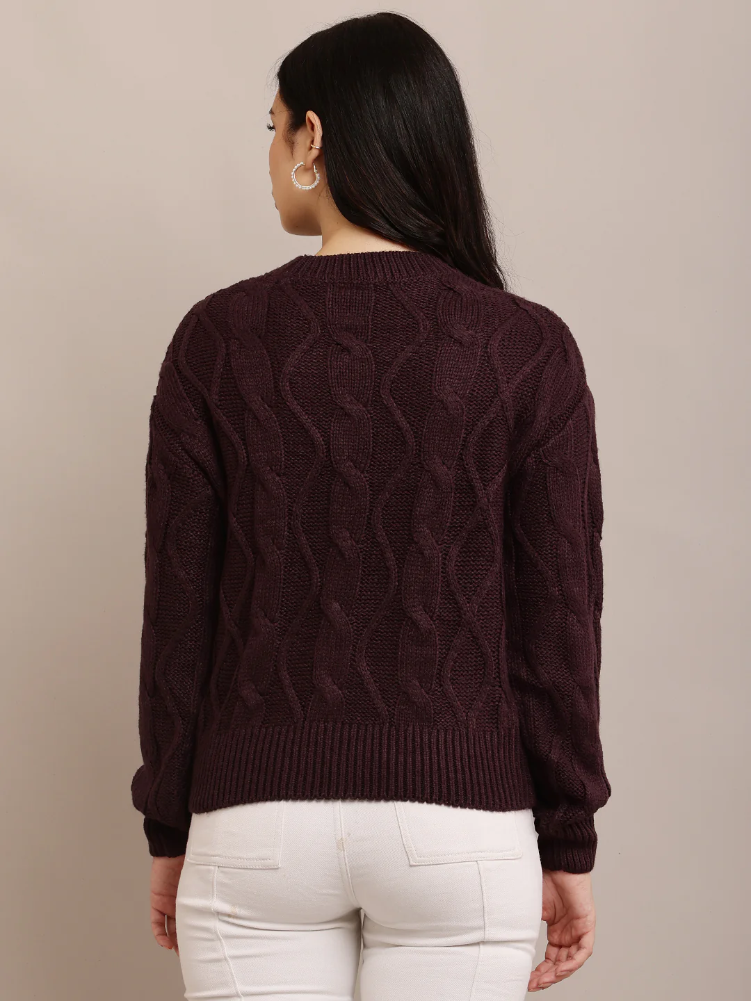 Women Cable Knit Dark Purple Sweater - Image 4