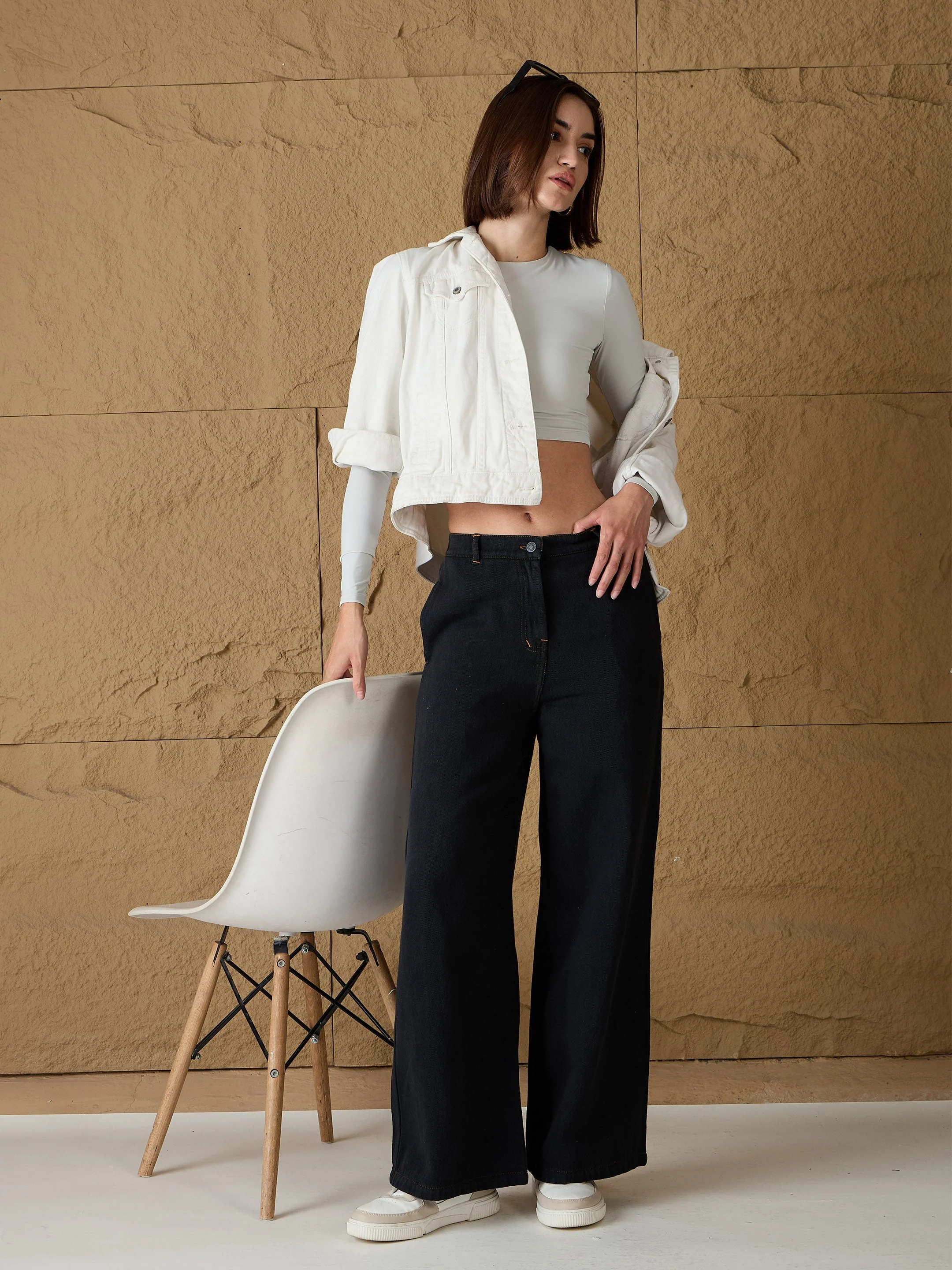 Women Charcoal Denim Flared Pants - Image 2