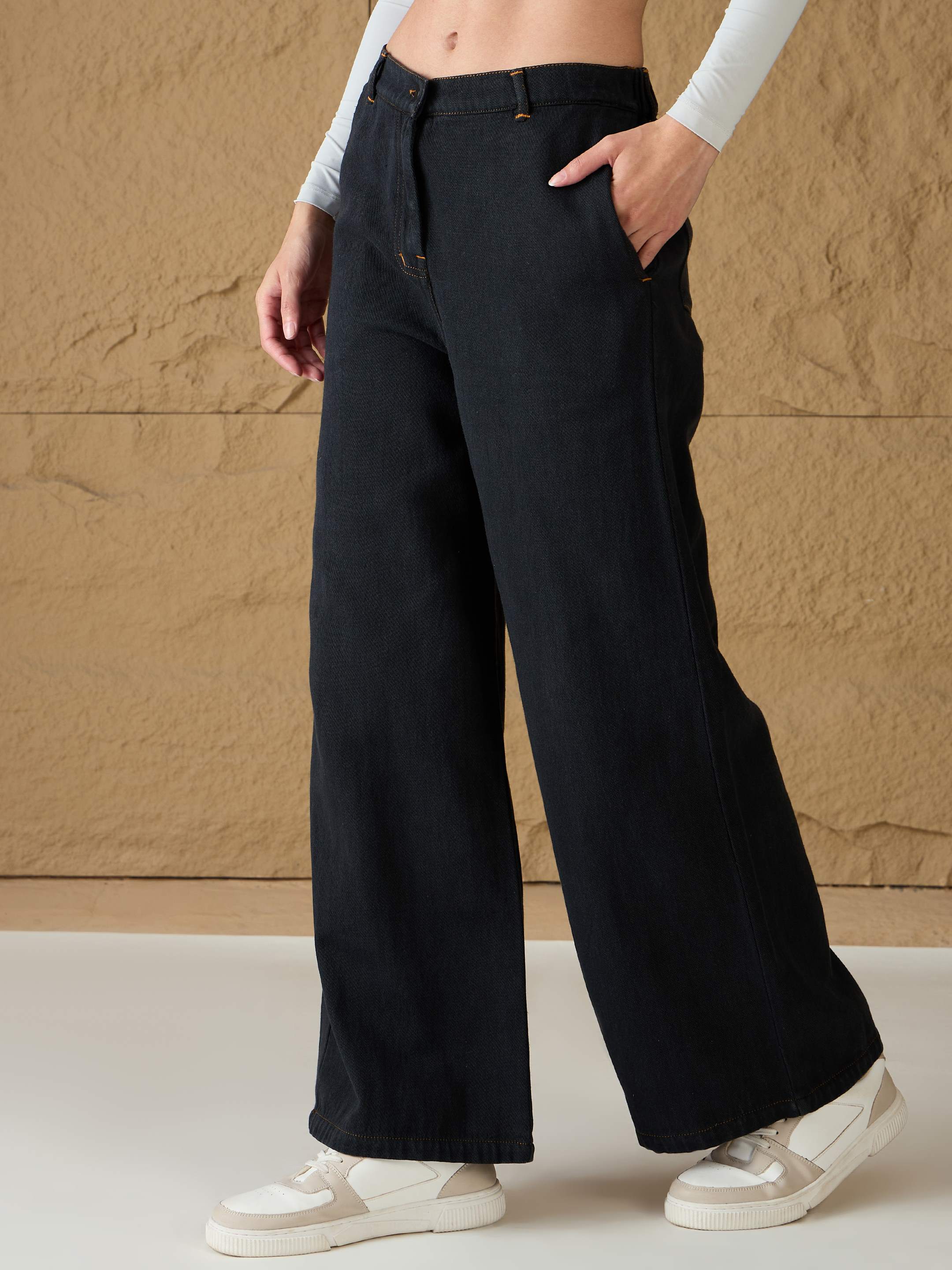 Women Charcoal Denim Flared Pants - Image 3