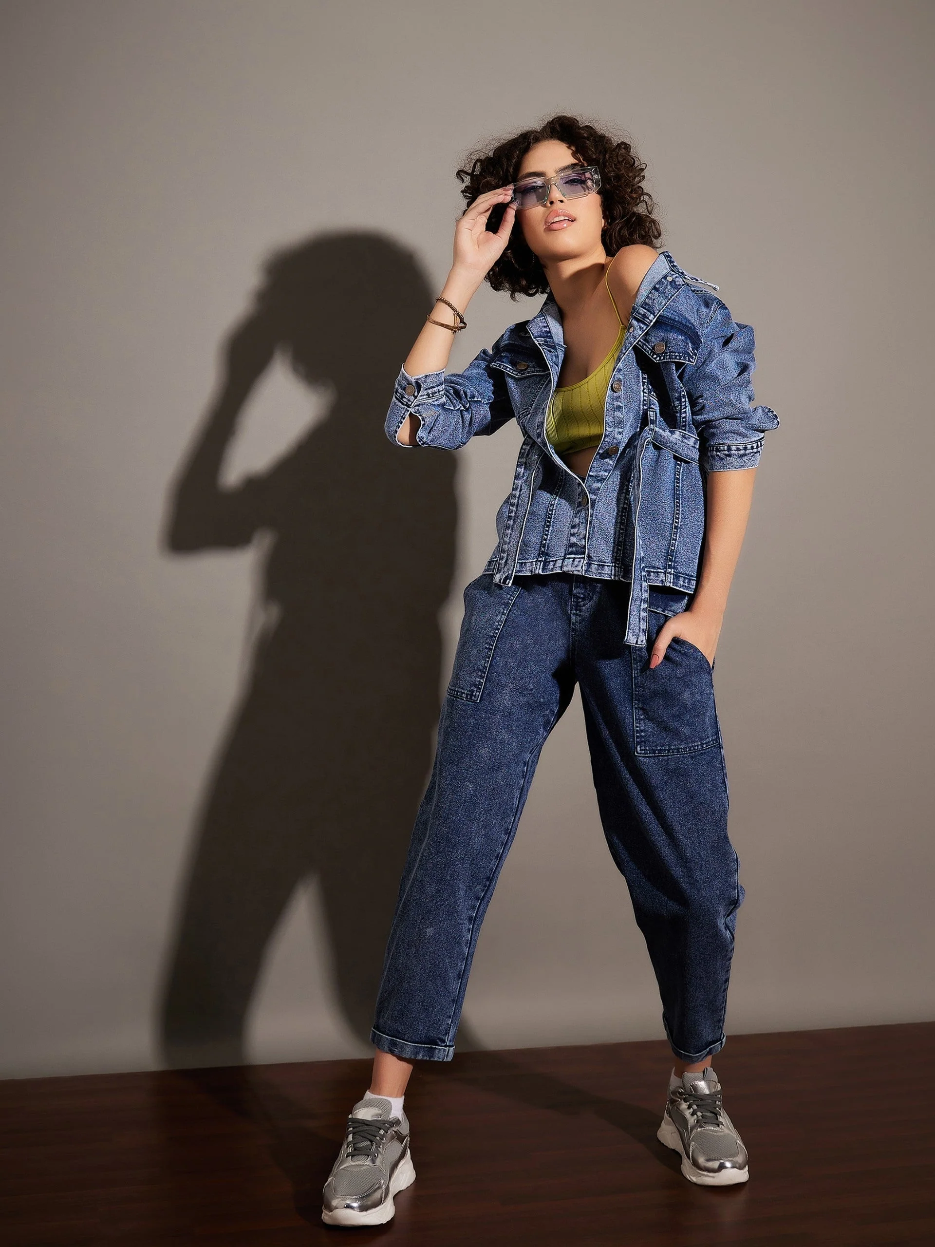 Women Classic Blue Denim Belted Jacket - Image 2
