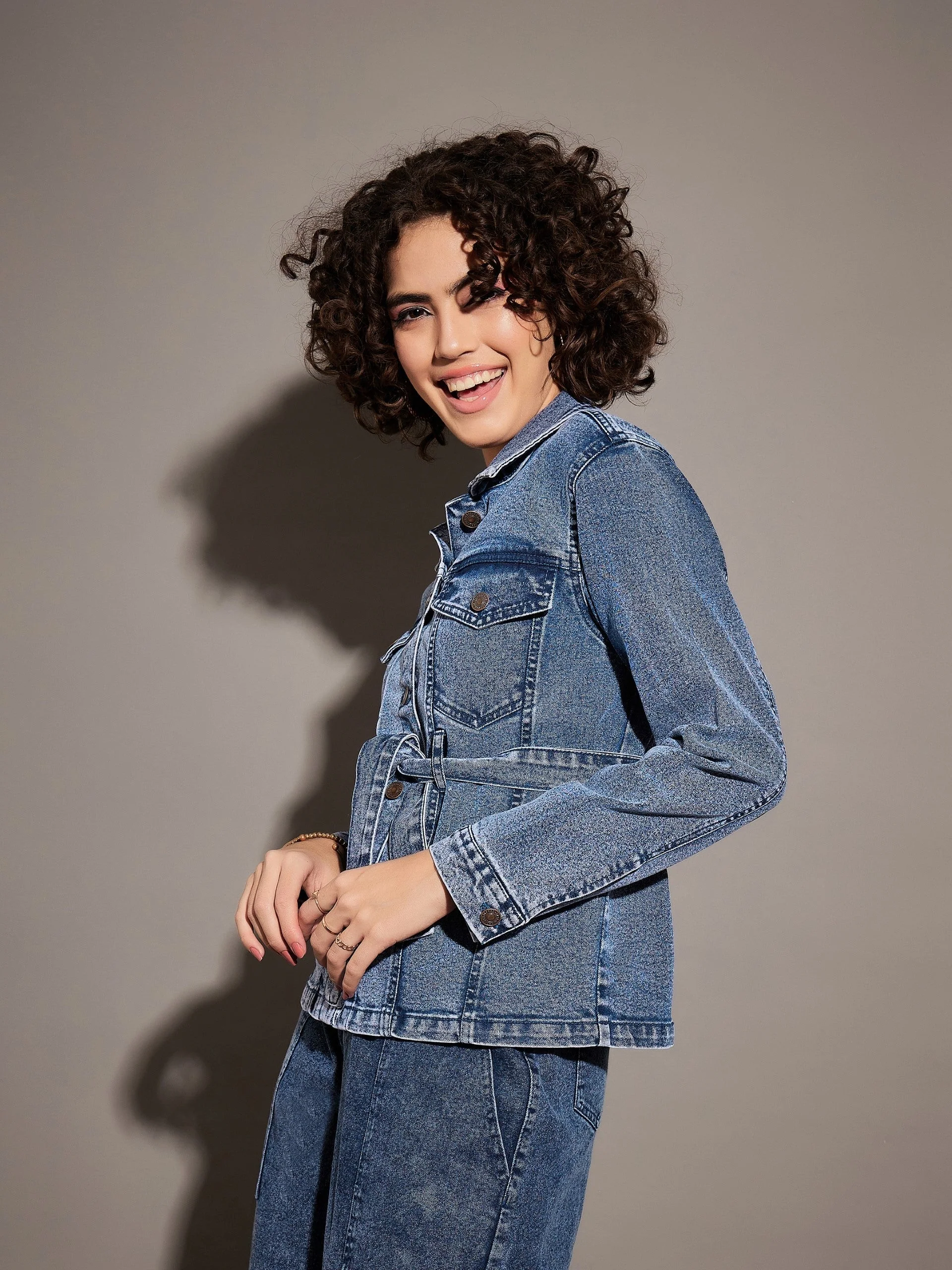 Women Classic Blue Denim Belted Jacket - Image 3