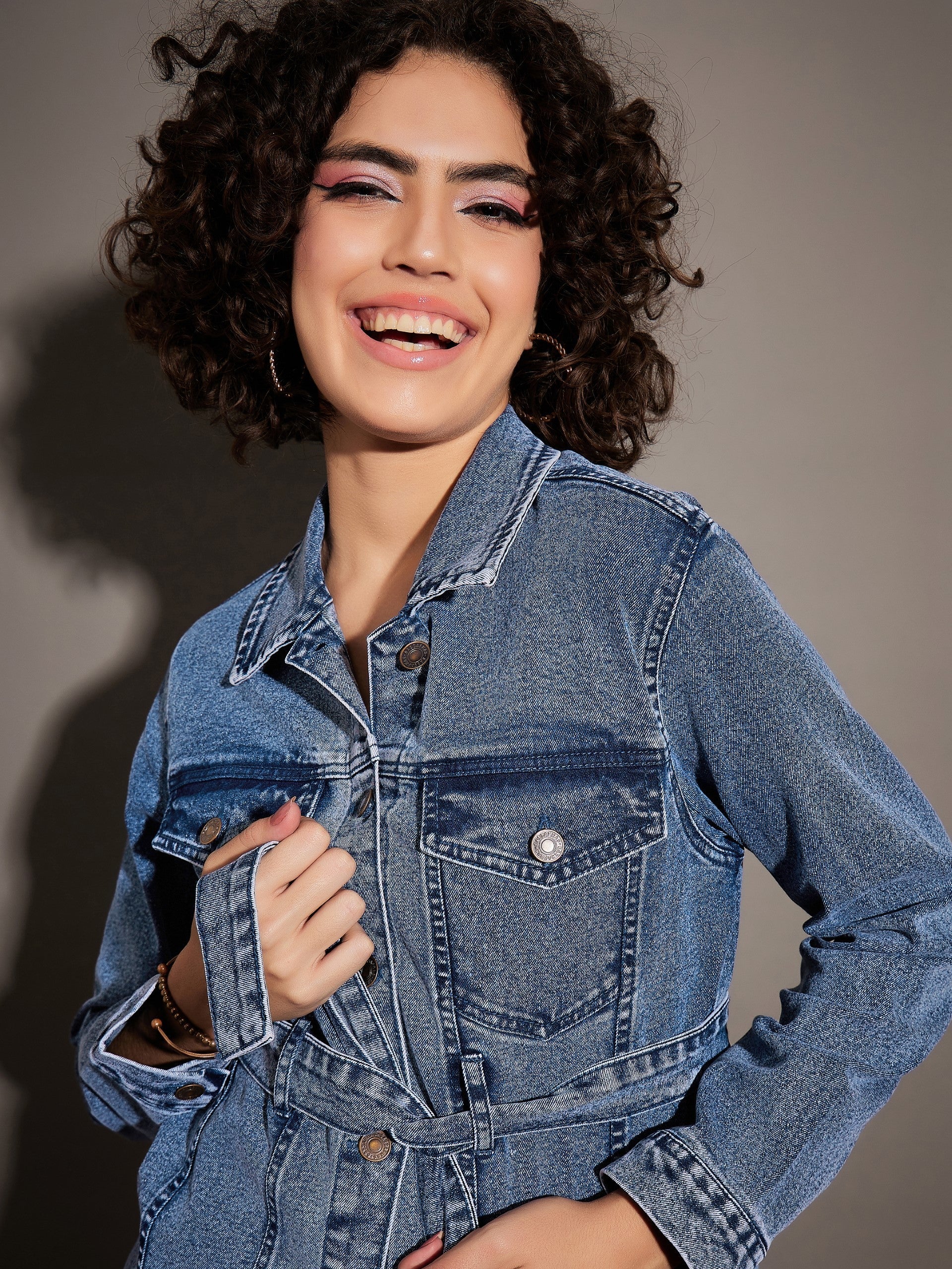 Women Classic Blue Denim Belted Jacket - Image 4