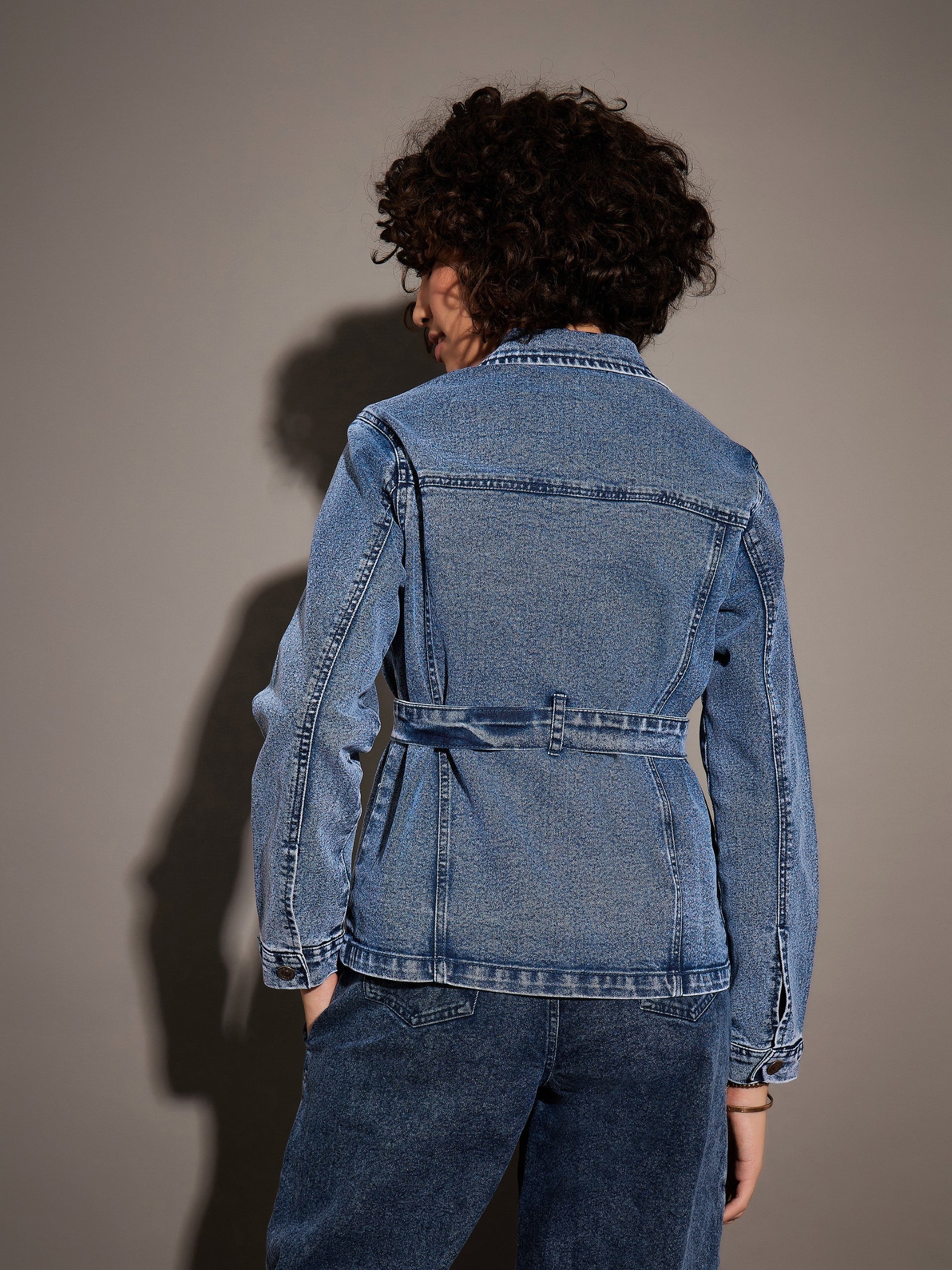 Women Classic Blue Denim Belted Jacket - Image 5