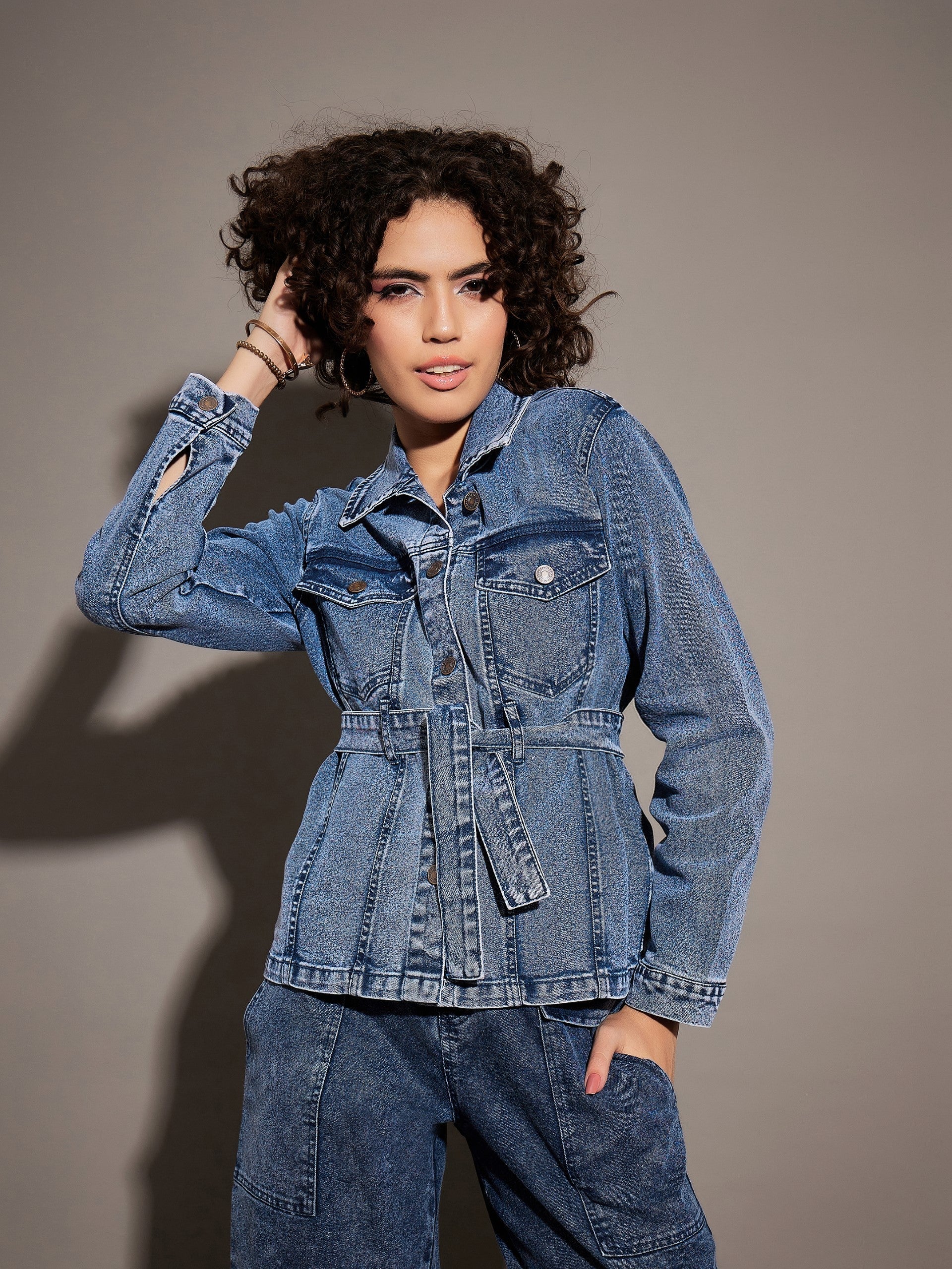 Women Classic Blue Denim Belted Jacket - Image 6