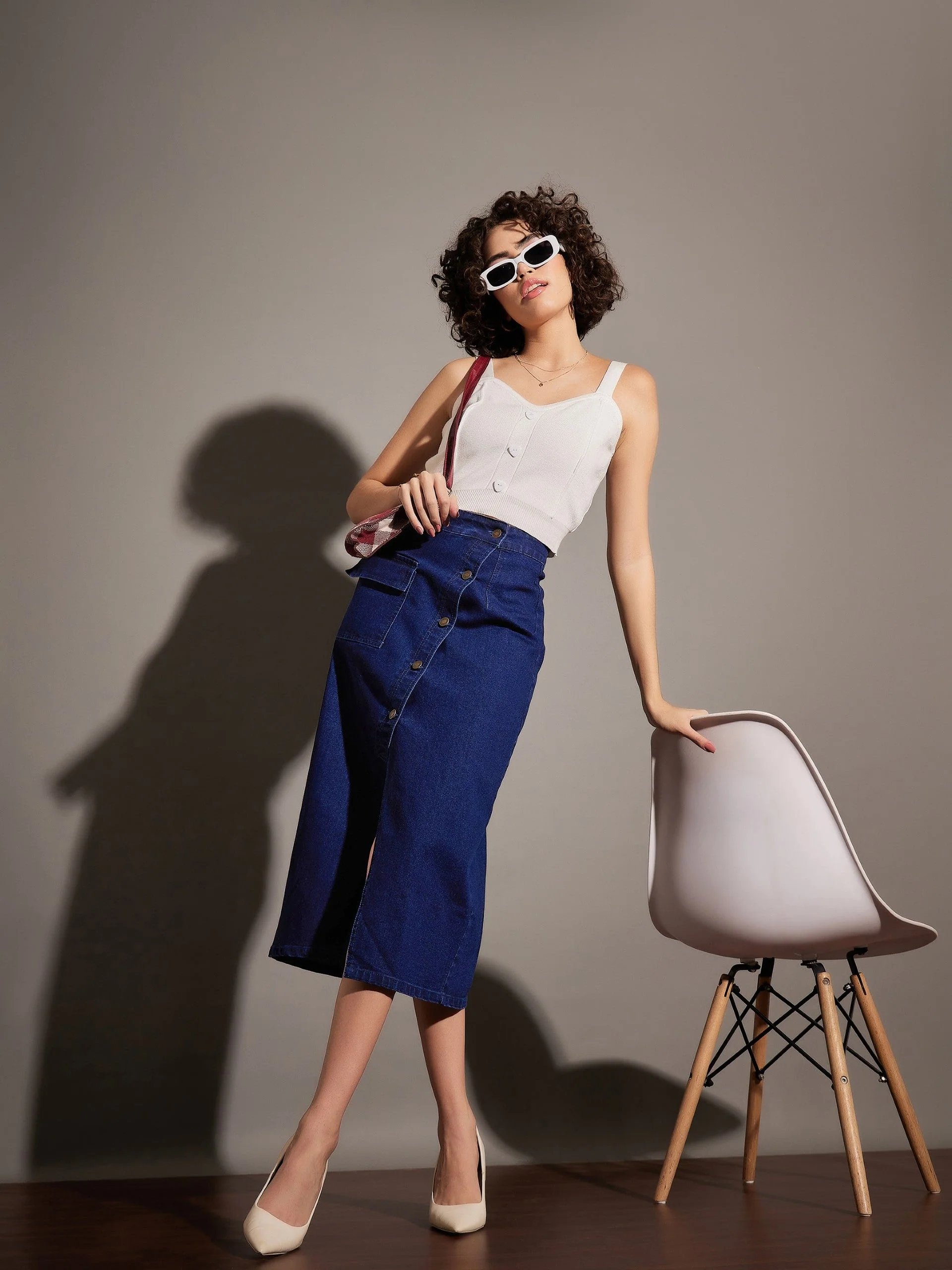 Women Classic Blue Front Button Wrap Skirt - Image 2