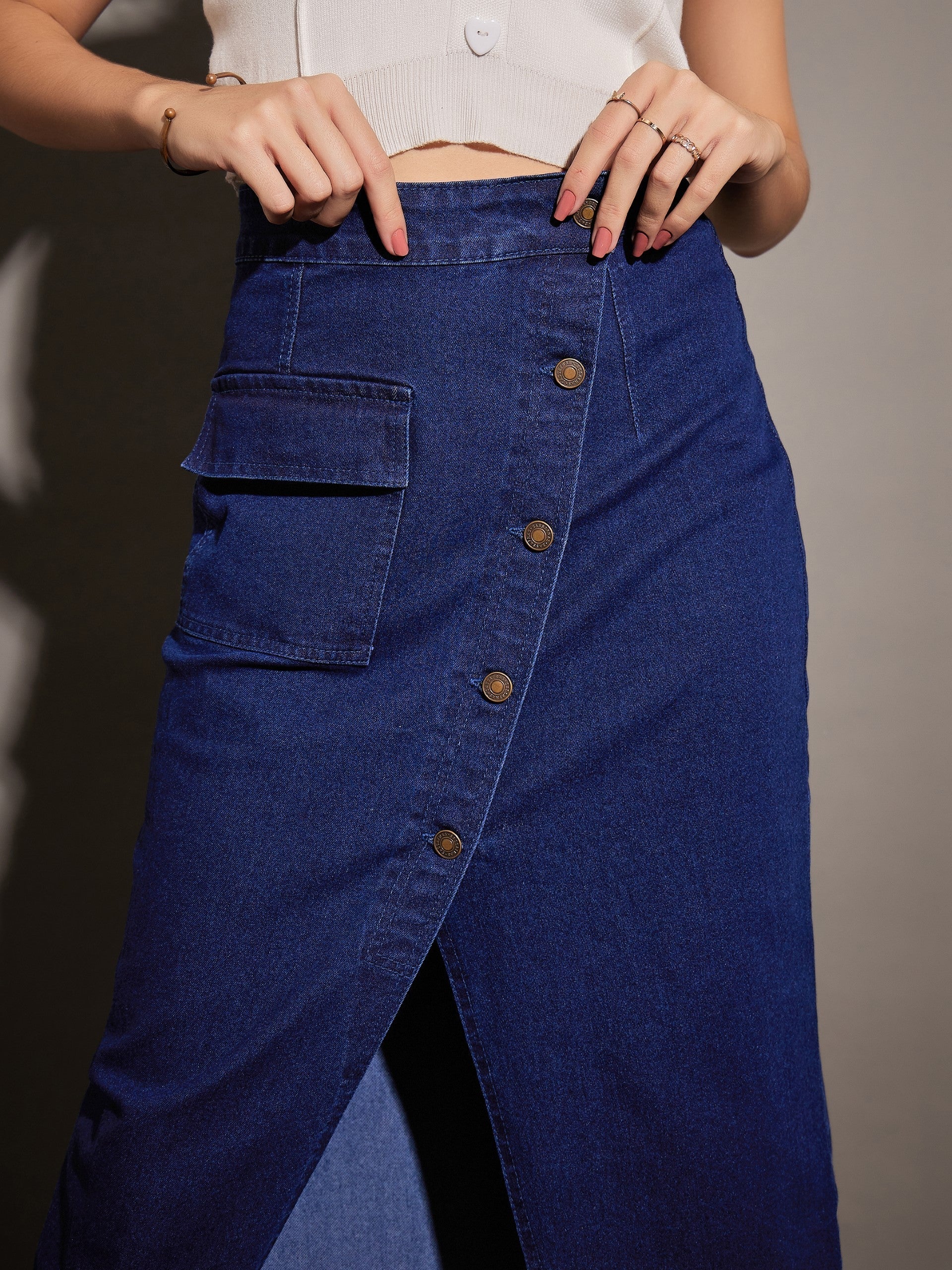 Women Classic Blue Front Button Wrap Skirt - Image 4