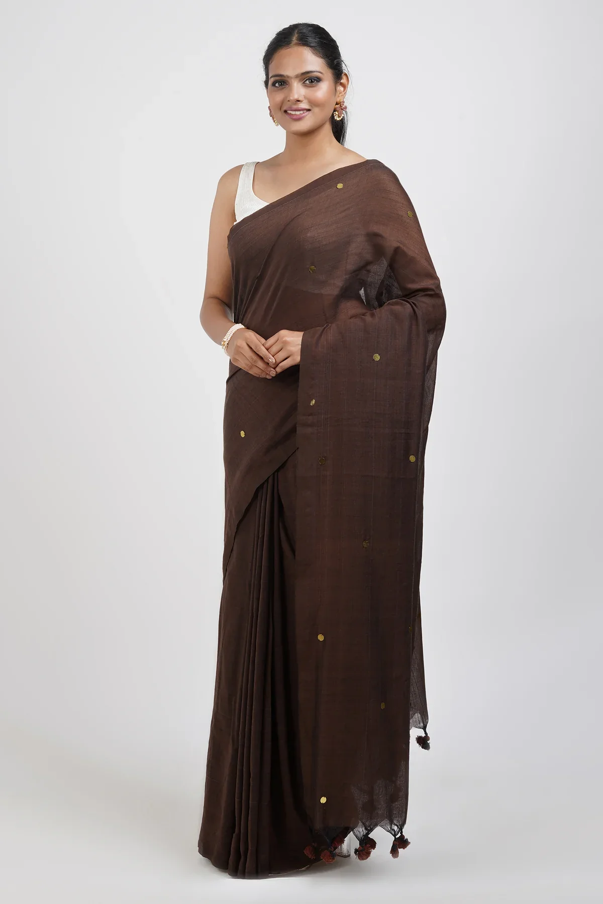 Women Cofee Cotton Squnce Saree - Image 3