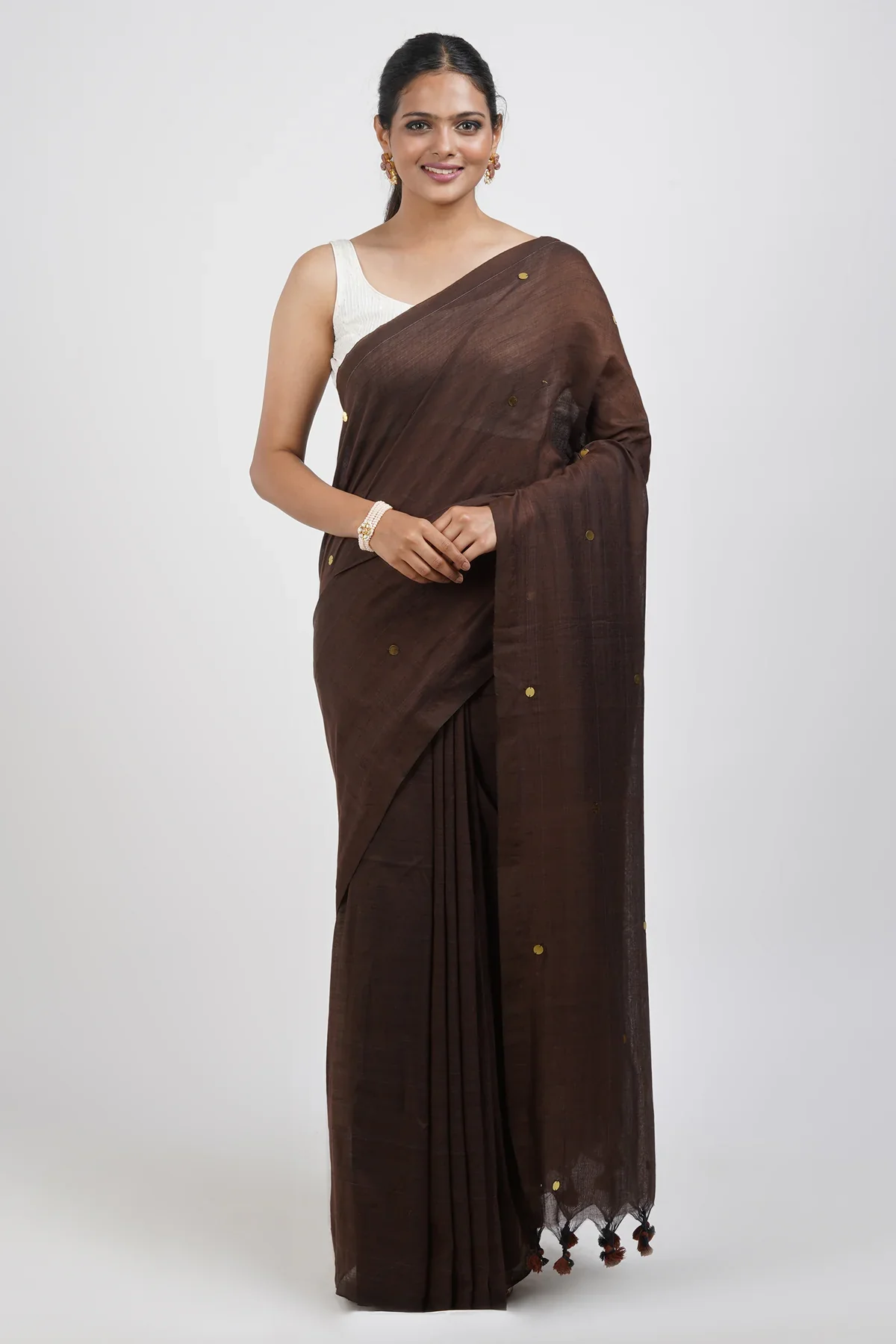 Women Cofee Cotton Squnce Saree - Image 4