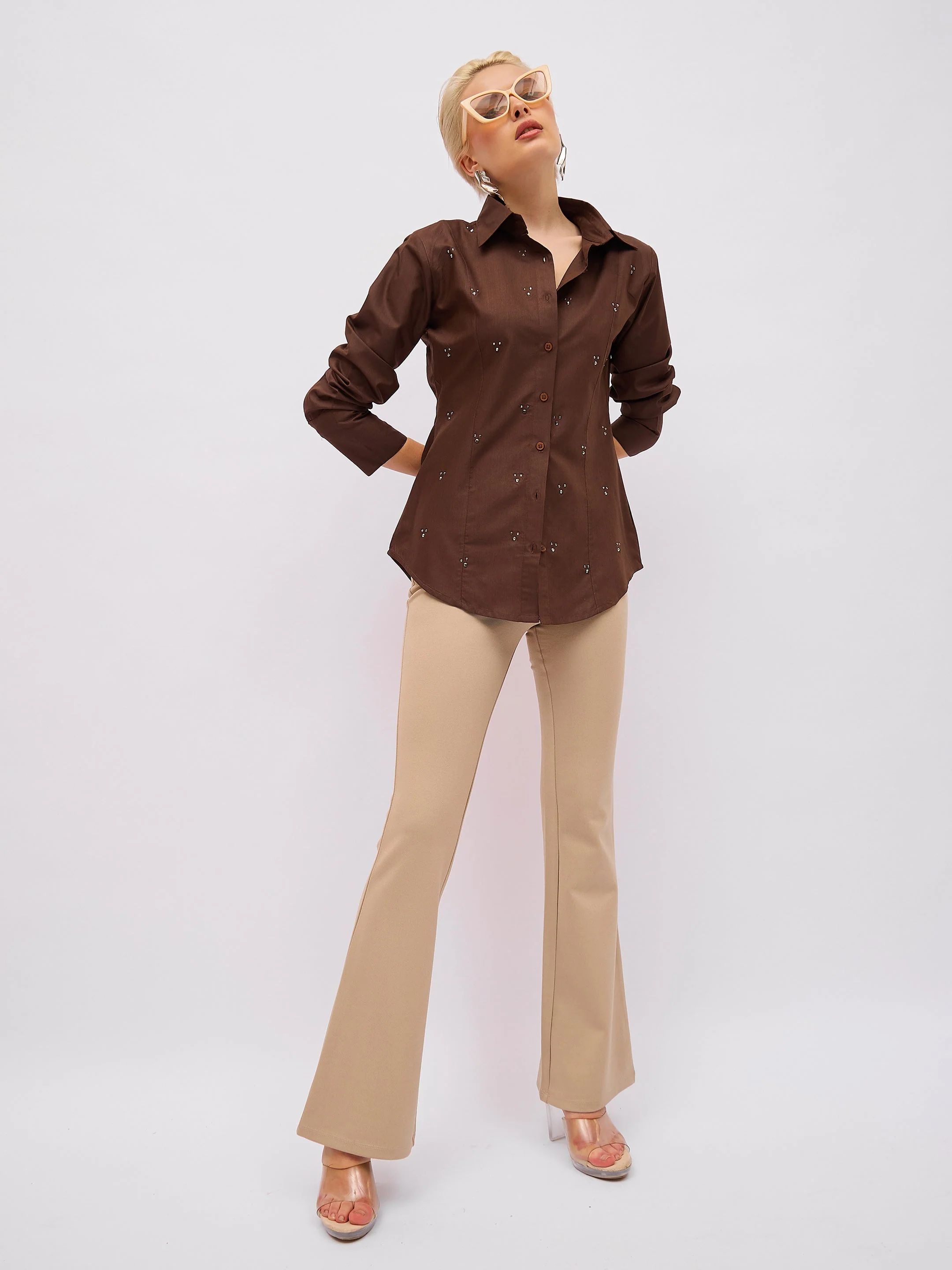 Women Coffee Brown Front Studded Slim Fit Shirt - Image 2