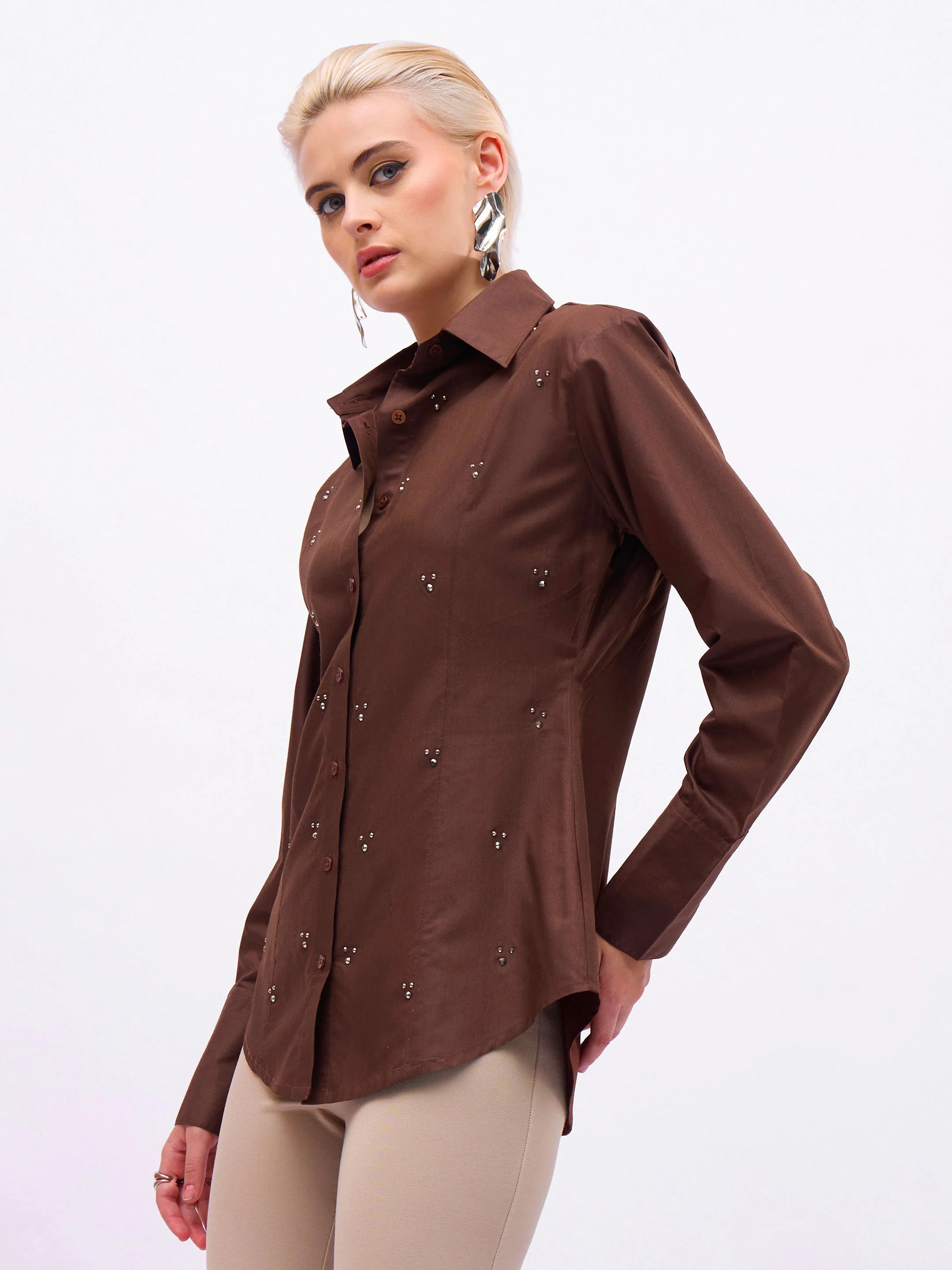 Women Coffee Brown Front Studded Slim Fit Shirt - Image 3