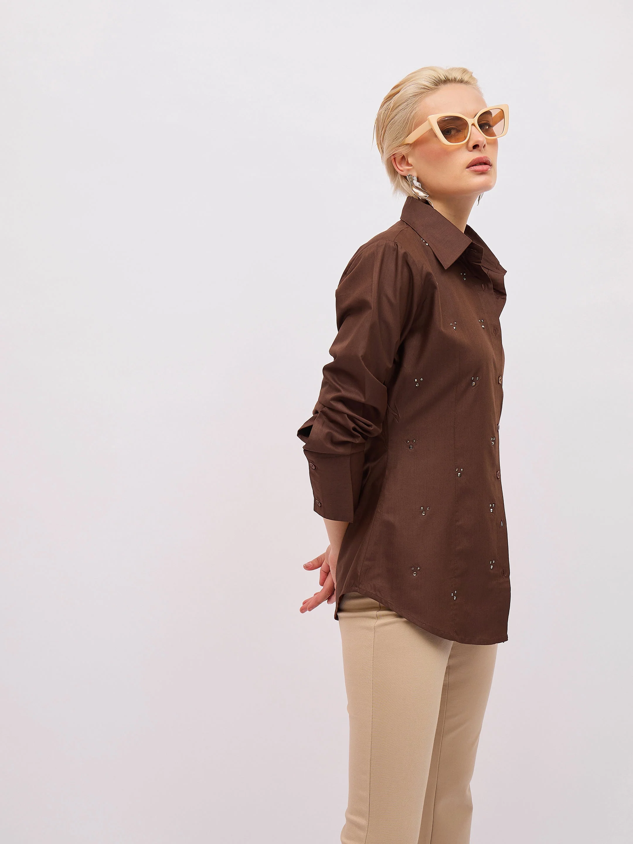 Women Coffee Brown Front Studded Slim Fit Shirt - Image 4