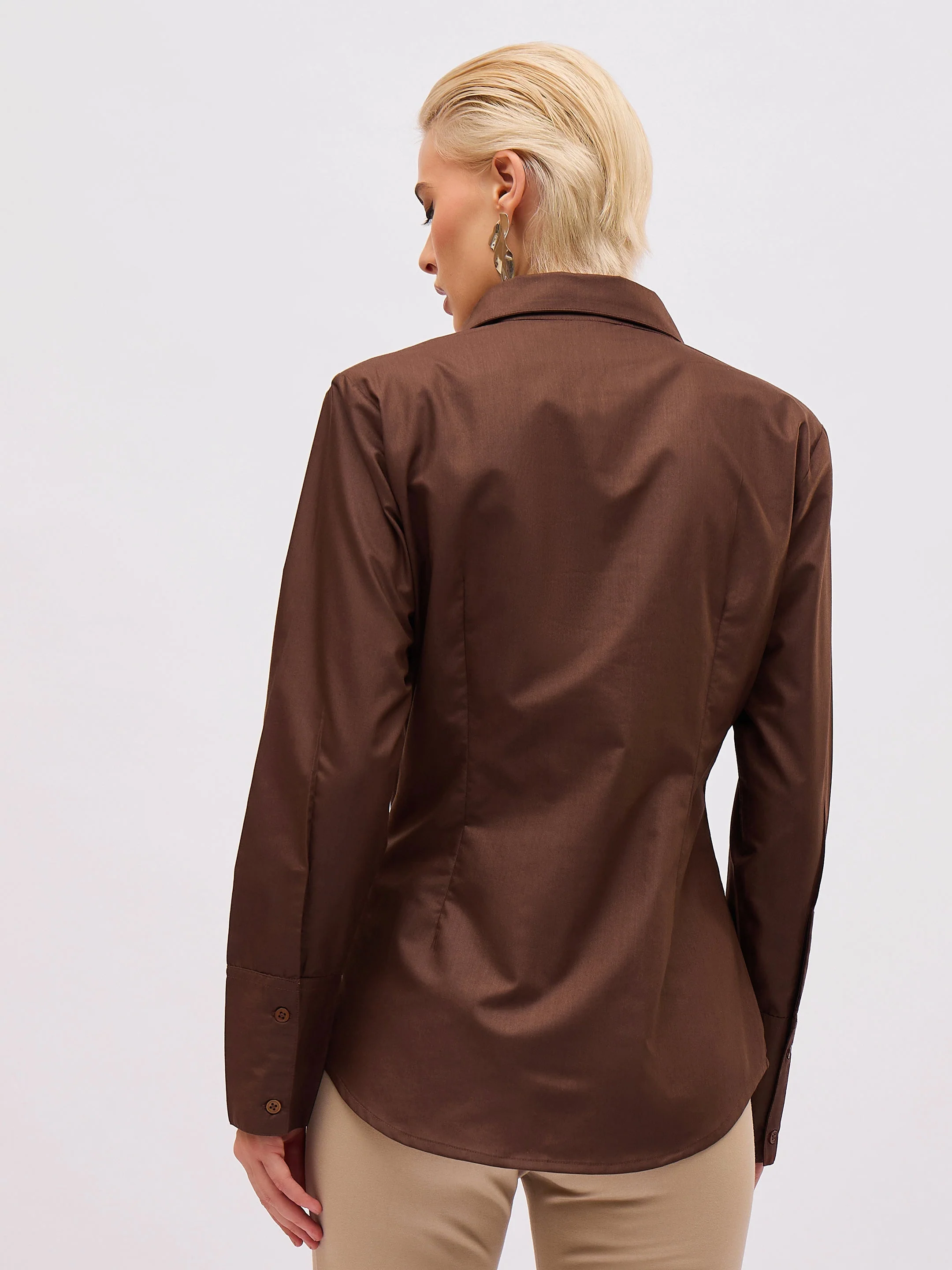 Women Coffee Brown Front Studded Slim Fit Shirt - Image 5