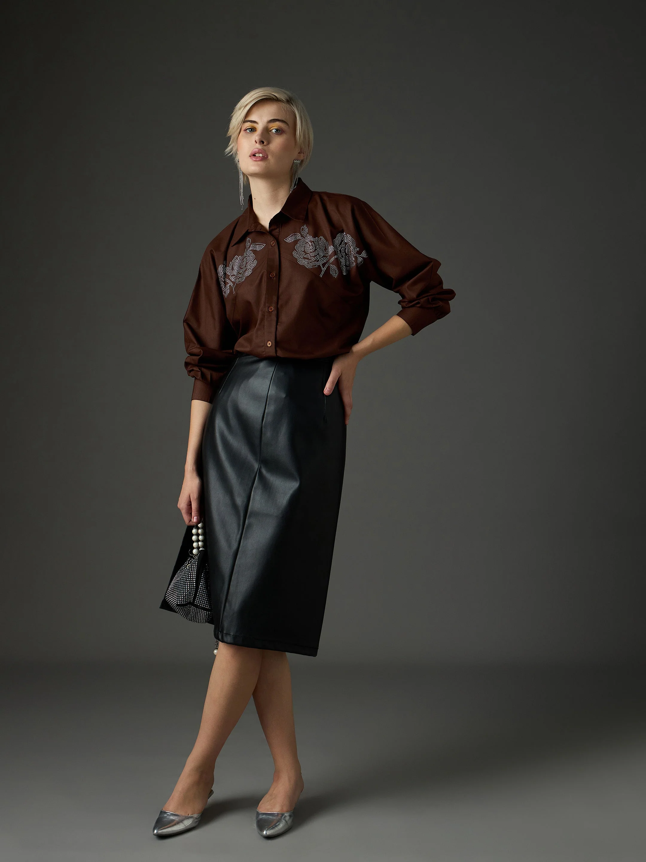 Women Coffee Brown Shoulder Patch Regular Shirt - Image 2