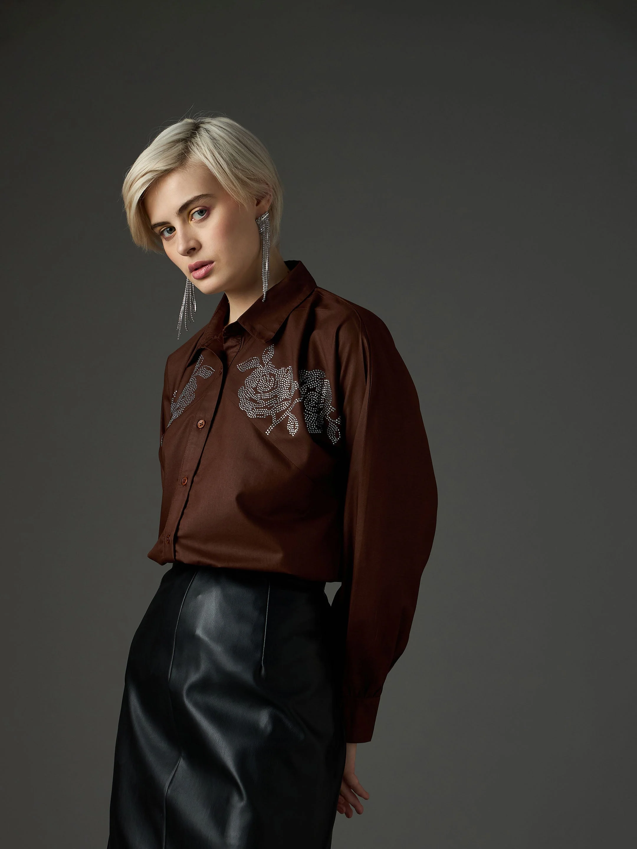Women Coffee Brown Shoulder Patch Regular Shirt - Image 3