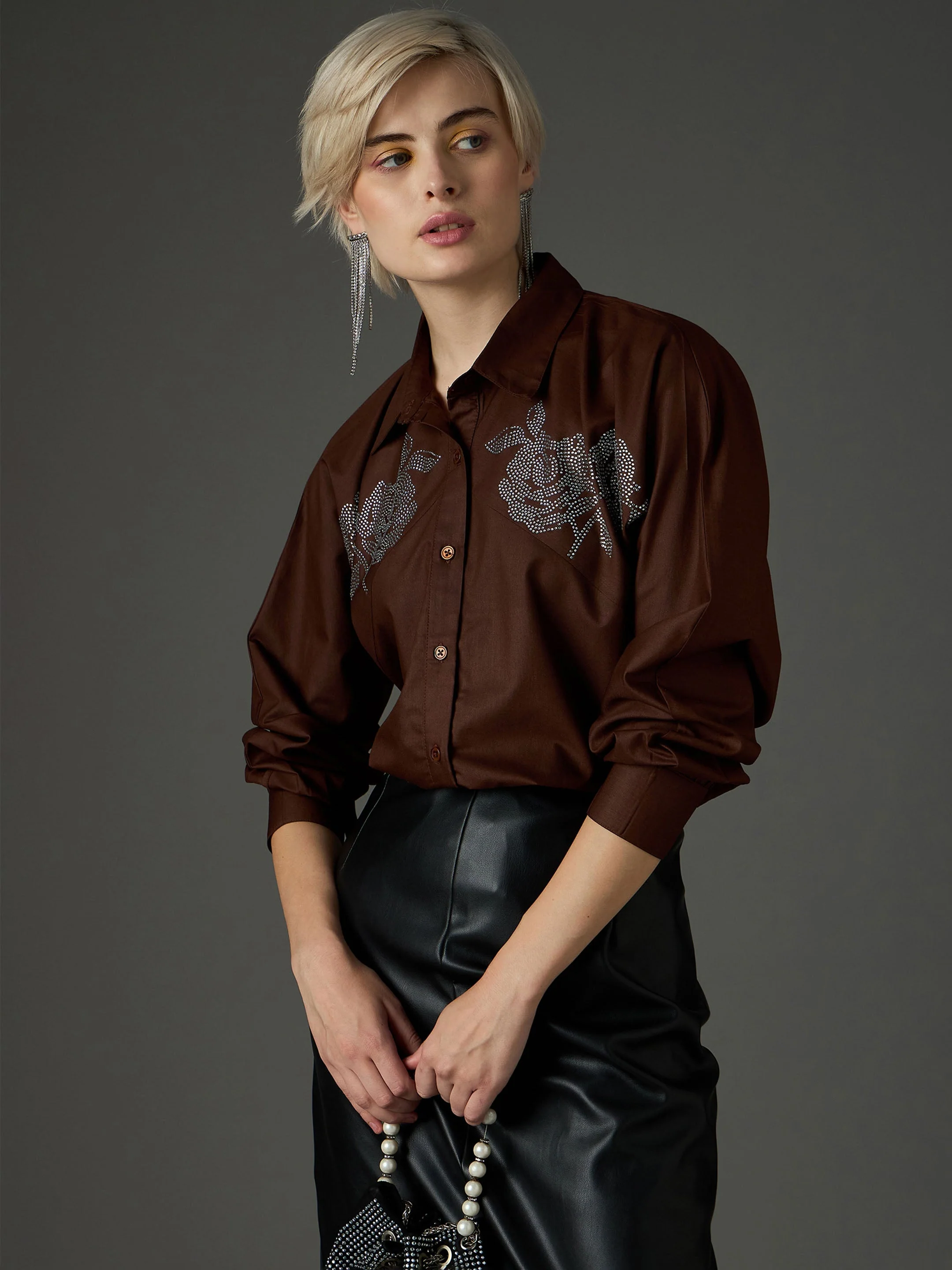 Women Coffee Brown Shoulder Patch Regular Shirt - Image 4