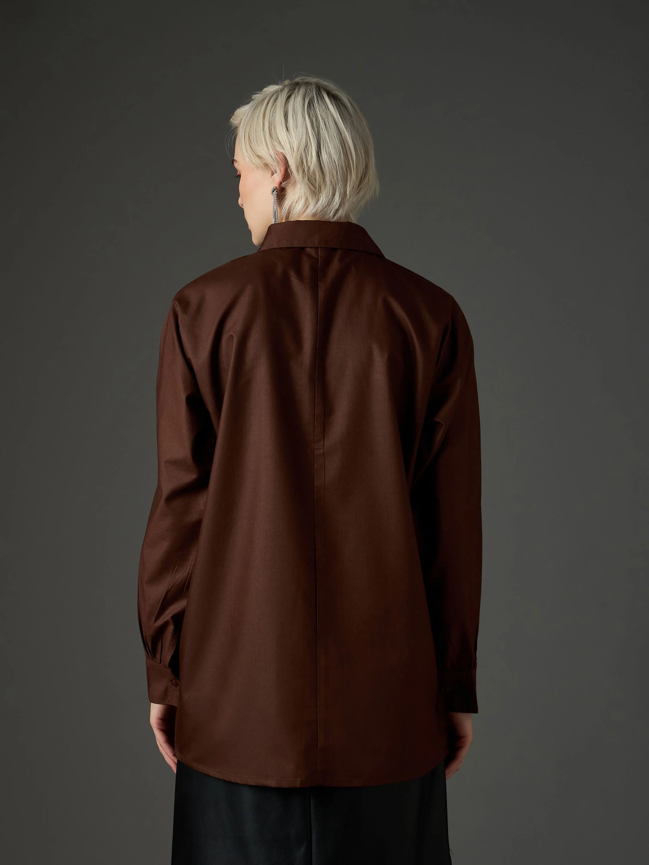 Women Coffee Brown Shoulder Patch Regular Shirt - Image 5