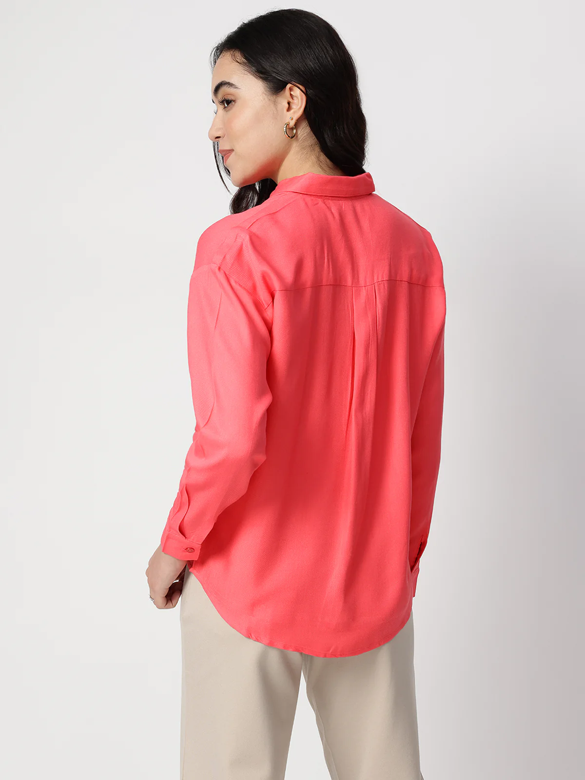 Women Coral Spread Collar Long Sleeves Shirts - Image 2