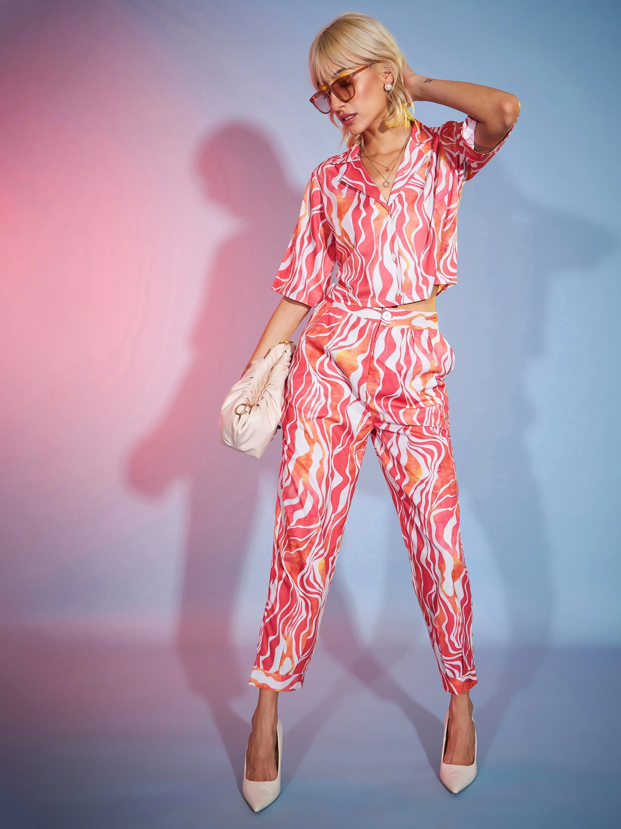 Women Coral Watercolor Crop Blazer With Tapered Pants - Image 2